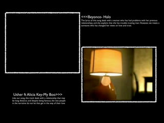 <<<Beyonce- Halo
                                                                The lyrics of this song deals with a woman who has had problems with her previous
                                                                relationships, and she explains that she has trouble trusting men. However, we meets a
                                                                someone who has changed her views on love and trust.




 Usher ft Alicia Key-My Boo>>>
Like our song, this track deals with a relationship that may
be long distance, and despite being famous, the two people
in the narrative do not let that get in the way of their love
 