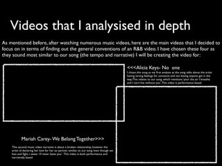 Videos that I analysised in depth
As mentioned before, after watching numerous music videos, here are the main videos that I decided to
focus on in terms of ﬁnding out the general conventions of an R&B video. I have chosen these four as
they sound most similar to our song (the tempo and narrative) I will be creating the video for:

                                                                                            <<<Alicia Keys- No one
                                                                                            I chose this song as my ﬁrst analysis as the song talks about the artist
                                                                                            having strong feelings for someone and not letting anyone get in the
                                                                                            way. This relates to our song, which mentions ‘your the air I breathe
                                                                                            and I can’t live without you’. This video is performance based




           Mariah Carey- We Belong Together>>>
    This second music video narrative is about a broken relationship, however the
    artist id declaring her love for her ex partner. similiar to our song ‘even though we
    fuss and ﬁght, i swear i’ll never leave you’. This video is both performance and
    narratively based
 