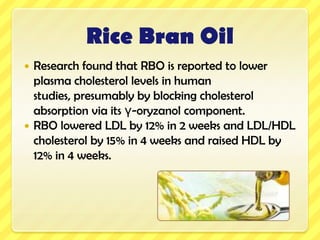 The human body needs oil for growth and energy and to synthesize hormones and other substances for the body's activities such as prostaglandins. Rich source of phytosterols, health-enhance agent.Rice bran oil contained 2 unique sterols which were more non-polarRice bran is a good source of sterols with the highest oil content and high concentration of sterols.Rice Bran Oil