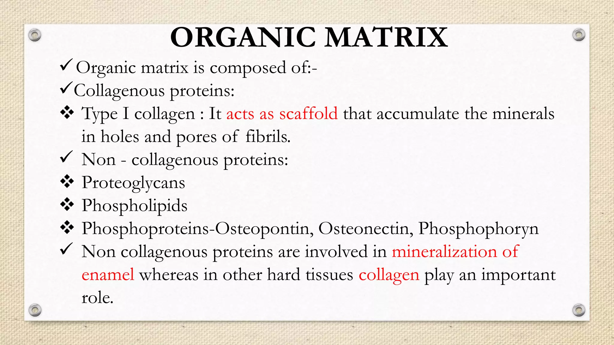 ORGANIC MATRIX
Organic matrix is composed of:-
Collagenous proteins:
 Type I collagen : It acts as scaffold that accumulate the minerals
in holes and pores of fibrils.
 Non - collagenous proteins:
 Proteoglycans
 Phospholipids
 Phosphoproteins-Osteopontin, Osteonectin, Phosphophoryn
 Non collagenous proteins are involved in mineralization of
enamel whereas in other hard tissues collagen play an important
role.
 