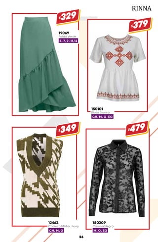 19069
Falda Verde
5, 7, 9, 11,13
$329
150101
Blusa Blanco
CH, M, G, EG
$379
12462
Chaleco Militar, Ivory
CH, M, G
$349
180209
Camisa Negro
M, G, EG
$479
26
 