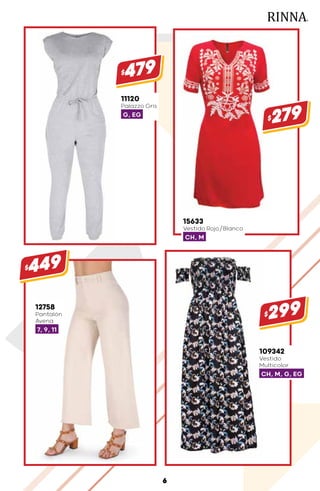 12758
Pantalón
Avena
7, 9, 11
$449
11120
Palazzo Gris
G, EG
$479
109342
Vestido
Multicolor
CH, M, G, EG
$299
15633
Vestido Rojo/Blanco
CH, M
$279
6
 