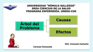 Árbol del
Problema
Causas
Efectos
UNIVERSIDAD “RÓMULO GALLEGOS”
ÁREA CIENCIAS DE LA SALUD
PROGRAMA ENFERMERÍA. UNERG-CUE
MsC. Consuelo Camacho
Caracas-Venezuela
 