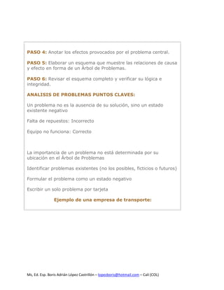PASO 4: Anotar los efectos provocados por el problema central.

PASO 5: Elaborar un esquema que muestre las relaciones de causa
y efecto en forma de un Árbol de Problemas.

PASO 6: Revisar el esquema completo y verificar su lógica e
integridad.

ANALISIS DE PROBLEMAS PUNTOS CLAVES:

Un problema no es la ausencia de su solución, sino un estado
existente negativo

Falta de repuestos: Incorrecto

Equipo no funciona: Correcto



La importancia de un problema no está determinada por su
ubicación en el Árbol de Problemas

Identificar problemas existentes (no los posibles, ficticios o futuros)

Formular el problema como un estado negativo

Escribir un solo problema por tarjeta

                Ejemplo de una empresa de transporte:




Ms, Ed. Esp. Boris Adrián López Castrillón – lopezboris@hotmail.com – Cali (COL)
 