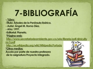     7-BIBLIOGRAFÍA- *Libro: -Título: Árboles de la Península Ibérica.- Autor: Ángel M. Romo Díez.- Año: 1997.-Editorial: Planeta. *Página web: http://www.secretariadeambiente.gov.co/sda/libreria/pdf/silvicultura/3.pdf http://es.wikipedia.org/wiki/Wikipedia:Portada*Otros medios: Ayuda por parte de nuestra profesora de la asignatura Proyecto Integrado.