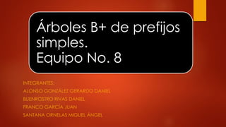 Árboles B+ de prefijos
simples.
Equipo No. 8
INTEGRANTES:
ALONSO GONZÁLEZ GERARDO DANIEL
BUENROSTRO RIVAS DANIEL
FRANCO GARCÍA JUAN
SANTANA ORNELAS MIGUEL ÁNGEL
 