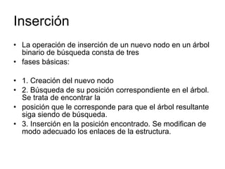 Inserción La operación de inserción de un nuevo nodo en un árbol binario de búsqueda consta de tres fases básicas: 1. Creación del nuevo nodo 2. Búsqueda de su posición correspondiente en el árbol. Se trata de encontrar la posición que le corresponde para que el árbol resultante siga siendo de búsqueda. 3. Inserción en la posición encontrado. Se modifican de modo adecuado los enlaces de la estructura. 