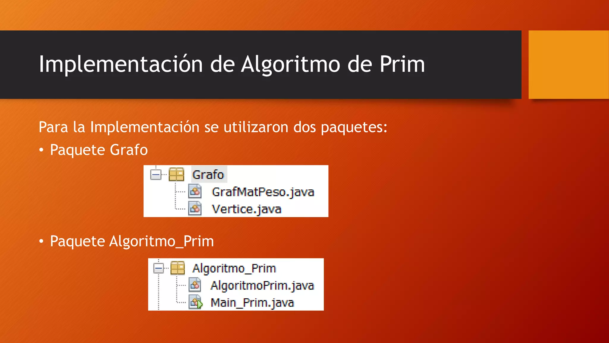 Implementación de Algoritmo de Prim
Para la Implementación se utilizaron dos paquetes:
• Paquete Grafo
• Paquete Algoritmo_Prim
 
