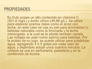 propiedadesSu fruto posee un alto contenido en vitamina C (501,6 mg/L) y ácido cítrico (49,88 g/L). Se utiliza para elaborar postres (tales como el arroz con leche, en este caso se usa su piel para aromatizar) o bebidas naturales como la limonada y la leche merengada, a la cual se le añade también canela. Las rodajas se usan como adorno para bebidas. Por la acidez de su jugo, se puede utilizar para potabilizar agua, agregando 4 ó 5 gotas por cada vaso de agua, y dejándolo actuar unos cuantos minutos. La corteza se usa en perfumería, pastelería y en la confección de licores.