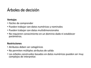Árboles de decisión
Ventajas
• Fáciles de comprender
• Pueden trabajar con datos numéricos y nominales
• Pueden trabajar con datos multidimensionales
• No requieren conocimiento en un dominio dado ni establecer
parámetros.
Restricciones
• Atributos deben ser categóricos
• No permiten múltiples atributos de salida
• Los árboles construidos basados en datos numéricos pueden ser muy
complejos de interpretar.
 