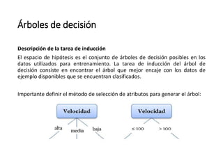 Árboles de decisión
Descripción de la tarea de inducción
El espacio de hipótesis es el conjunto de árboles de decisión posibles en los
datos utilizados para entrenamiento. La tarea de inducción del árbol de
decisión consiste en encontrar el árbol que mejor encaje con los datos de
ejemplo disponibles que se encuentran clasificados.
Importante definir el método de selección de atributos para generar el árbol:
 