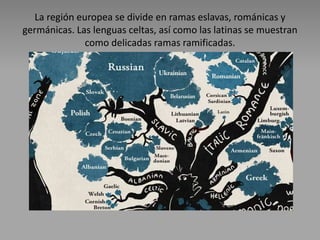 La región europea se divide en ramas eslavas, románicas y
germánicas. Las lenguas celtas, así como las latinas se muestran
como delicadas ramas ramificadas.
 