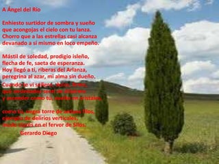 A Ángel del Río Enhiesto surtidor de sombra y sueño que acongojas el cielo con tu lanza. Chorro que a las estrellas casi alcanza devanado a sí mismo en loco empeño. Mástil de soledad, prodigio isleño, flecha de fe, saeta de esperanza. Hoy llegó a ti, riberas del Arlanza, peregrina al azar, mi alma sin dueño. Cuando te vi señero, dulce, firme, qué ansiedades sentí de diluirme y ascender como tú, vuelto en cristales, como tú, negra torre de arduos filos, ejemplo de delirios verticales, mudo ciprés en el fervor de Silos. Gerardo Diego 