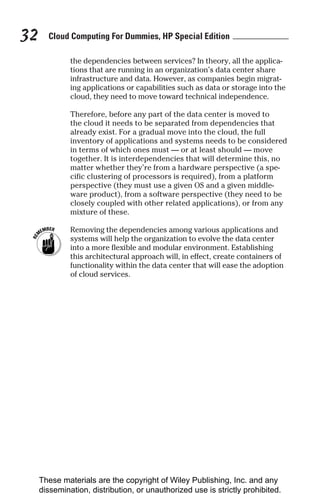 Cloud Computing For Dummies, HP Special Edition
32
the dependencies between services? In theory, all the applica-
tions that are running in an organization’s data center share
infrastructure and data. However, as companies begin migrat-
ing applications or capabilities such as data or storage into the
cloud, they need to move toward technical independence.
Therefore, before any part of the data center is moved to
the cloud it needs to be separated from dependencies that
already exist. For a gradual move into the cloud, the full
inventory of applications and systems needs to be considered
in terms of which ones must — or at least should — move
together. It is interdependencies that will determine this, no
matter whether they’re from a hardware perspective (a spe-
cific clustering of processors is required), from a platform
perspective (they must use a given OS and a given middle-
ware product), from a software perspective (they need to be
closely coupled with other related applications), or from any
mixture of these.
Removing the dependencies among various applications and
systems will help the organization to evolve the data center
into a more flexible and modular environment. Establishing
this architectural approach will, in effect, create containers of
functionality within the data center that will ease the adoption
of cloud services.
These materials are the copyright of Wiley Publishing, Inc. and any
dissemination, distribution, or unauthorized use is strictly prohibited.
 