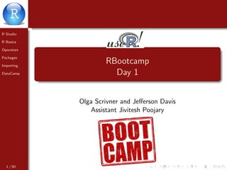 R Studio
R Basics
Operators
Packages
Importing
DataCamp
RBootcamp
Day 1
Olga Scrivner and Jeﬀerson Davis
Assistant Jivitesh Poojary
1 / 50
 