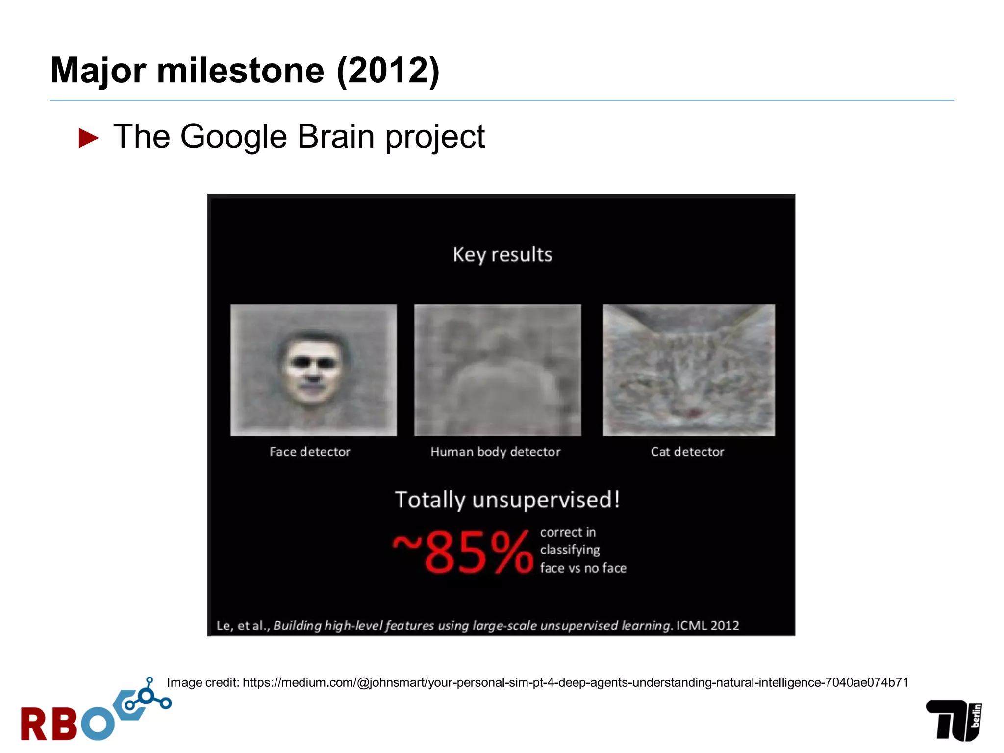 Major milestone (2012)
Image credit: https://medium.com/@johnsmart/your-personal-sim-pt-4-deep-agents-understanding-natural-intelligence-7040ae074b71
► The Google Brain project
 