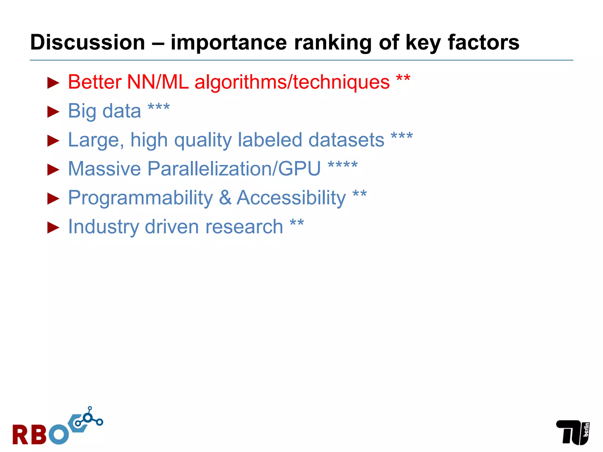 Discussion – importance ranking of key factors
► Better NN/ML algorithms/techniques **
► Big data ***
► Large, high quality labeled datasets ***
► Massive Parallelization/GPU ****
► Programmability & Accessibility **
► Industry driven research **
 