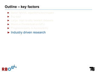 Outline – key factors
► Better NN/ML algorithms/techniques
► Big data
► Large, high quality labeled datasets
► Massive Parallelization/GPU
► Programmability & Accessibility
► Industry driven research
 