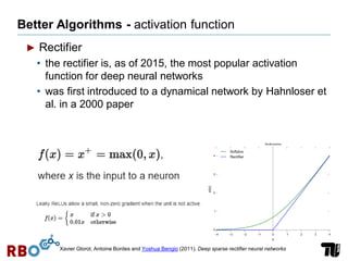 Better Algorithms - activation function
► Rectifier
• the rectifier is, as of 2015, the most popular activation
function for deep neural networks
• was first introduced to a dynamical network by Hahnloser et
al. in a 2000 paper
Xavier Glorot, Antoine Bordes and Yoshua Bengio (2011). Deep sparse rectifier neural networks
 