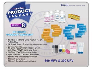21
How to become an
INDEPENDENT DISTRIBUTOR
1. Attend the Royalè Business
Presentation (RBP).
2. Accomplish a Distributor Application
Form and submit to the office to start
enjoying discount.
*A fee of PHP 300 will be collected for the Application
Form that comes with an initial Marketing kit and
product sample
- You can now enjoy 10% discount from your Royalè product purchase
3. Avail the Privilege to Purchase (PTP) account
to avail the full discount on all your
personal purchases and enjoy other more
exciting privileges
Two ways to avail the PTP:
a. Purchase in-house products equivalent to at
least 150 product points value (ppv) within 1 year
b. Purchase a product package to reach 150
PPV instantly.
 