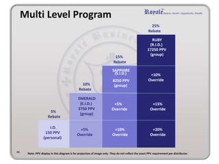 5%
Rebate
I.D.
150 PPV
(personal)
Multi Level Program
40 Note: PPV display in this diagram is for projection of image only. They do not reflect the exact PPV requirement per distributor.
 