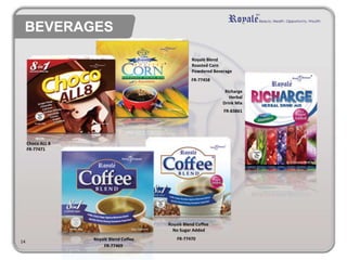 14 
Choco ALL 8 
FR-77469 
Royalè Blend 
Roasted Corn 
Powdered Beverage 
FR-77458 
Richarge 
Herbal 
Drink Mix 
FR-83861 
Royalè Blend Coffee 
Royalè Blend Coffee 
No Sugar Added 
FR-77470 
FR-77471 
 