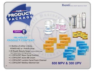 • 4 Bottles of either L-Gluta 
POWER 462 or Pinkish Glow 
• 20 Royalè Beauty Soaps (L-Gluta POWER Soap, 
Kojic Papaya Soap or Anti-Ageing Soap) 
• 1 L’OPULENT Rejuv Facial Essence 
• 1 L’OPULENT Jeune BB Cream 
• 1 L’OPULENT Lumière Facial Foam Cleanser 
• 1 L’OPULENT Meilleur Blemish Gel 
27 
 