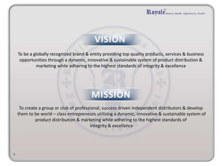 To be a globally recognized brand & entity providing top quality products, services & business 
opportunities through a dynamic, innovative & sustainable system of product distribution & 
marketing while adhering to the highest standards of integrity & excellence 
To create a group or club of professional, success driven independent distributors & develop 
them to be world – class entrepreneurs utilizing a dynamic, innovative & sustainable system of 
product distribution & marketing while adhering to the highest standards of 
integrity & excellence 
3 
 