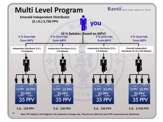 Multi Level Program 
Emerald Independent Distributor 
(E.I.D.) 3,750 PPV 
you 
10 % Rebates (Based on MPV) 
5 % Override 
from MPV 
5 % Override 
from MPV 
5 % Override 
from MPV 
0 % Override 
from MPV 
Independent Distributor (I.D.) - 
5 % Rebates 
Independent Distributor (I.D.) - 
5 % Rebates 
Independent Distributor (I.D.) - 
5 % Rebates 
Emerald Independent 
Distributor (E.I.D.)-10% Rebates 
A B C D 
E.G. 150 PPV E.G. 150 PPV E.G. 150 PPV E.G. 3,750 PPV 
41 Note: PPV display in this diagram is for projection of image only. They do not reflect the exact PPV requirement per distributor. 
 