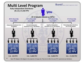 Multi Level Program 
Ruby Independent Distributor 
(R.I.D.) 17,250 PPV 
25 % Rebates (Based on MPV) 
20 % Override 
from MPV 
15 % Override 
from MPV 
10 % Override 
from MPV 
0 % Override 
from MPV 
Independent Distributor (I.D.)- 
5% Rebates 
Emerald Independent 
Distributor (E.I.D.)- 10% Rebates 
Sapphire Independent 
Distributor (S.I.D.)-15% Rebates 
Ruby Independent Distributor 
(R.I.D.)-25% Rebates 
A B C D 
E.G. 150 PPV E.G. 5,000 PPV E.G. 9,000 PPV E.G. 17,250 PPV 
45 
you 
Note: PPV display in this diagram is for projection of image only. They do not reflect the exact PPV requirement per distributor. 
 