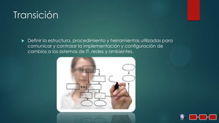 Transición

    Definir la estructura, procedimiento y herramientas utilizadas para
     comunicar y controlar la implementación y configuración de
     cambios a los sistemas de IT, redes y ambientes.
 