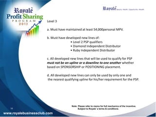 Level 3
a. Must have maintained at least 54,000personal MPV.
b. Must have developed new lines of:
• Level 2 PSP qualifiers
• Diamond Independent Distributor
• Ruby Independent Distributor
c. All developed new lines that will be used to qualify for PSP
must not be an upline or a downline to one another whether
based on SPONSORSHIP or POSITIONING placement.
d. All developed new lines can only be used by only one and
the nearest qualifying upline for his/her requirement for the PSP.
Note: Please refer to memo for full mechanics of the incentive.
Subject to Royale’s terms & conditions.
www.royalebusinessclub.com
53
 