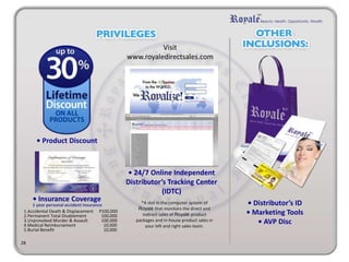• 24/7 Online Independent
Distributor’s Tracking Center
(IDTC)
• Distributor’s ID
• Marketing Tools
• AVP Disc
• Product Discount
*A slot in the computer system of
Royalé that monitors the direct and
indirect sales of Royalé product
packages and in-house product sales in
your left and right sales team.
Visit
www.royaledirectsales.com
28
• Insurance Coverage
1 year personal accident insurance
1.Accidental Death & Displacement P100,000
2.Permanent Total Disablement 100,000
3.Unprovoked Murder & Assault 100,000
4.Medical Reimbursement 10,000
5.Burial Benefit 10,000
 