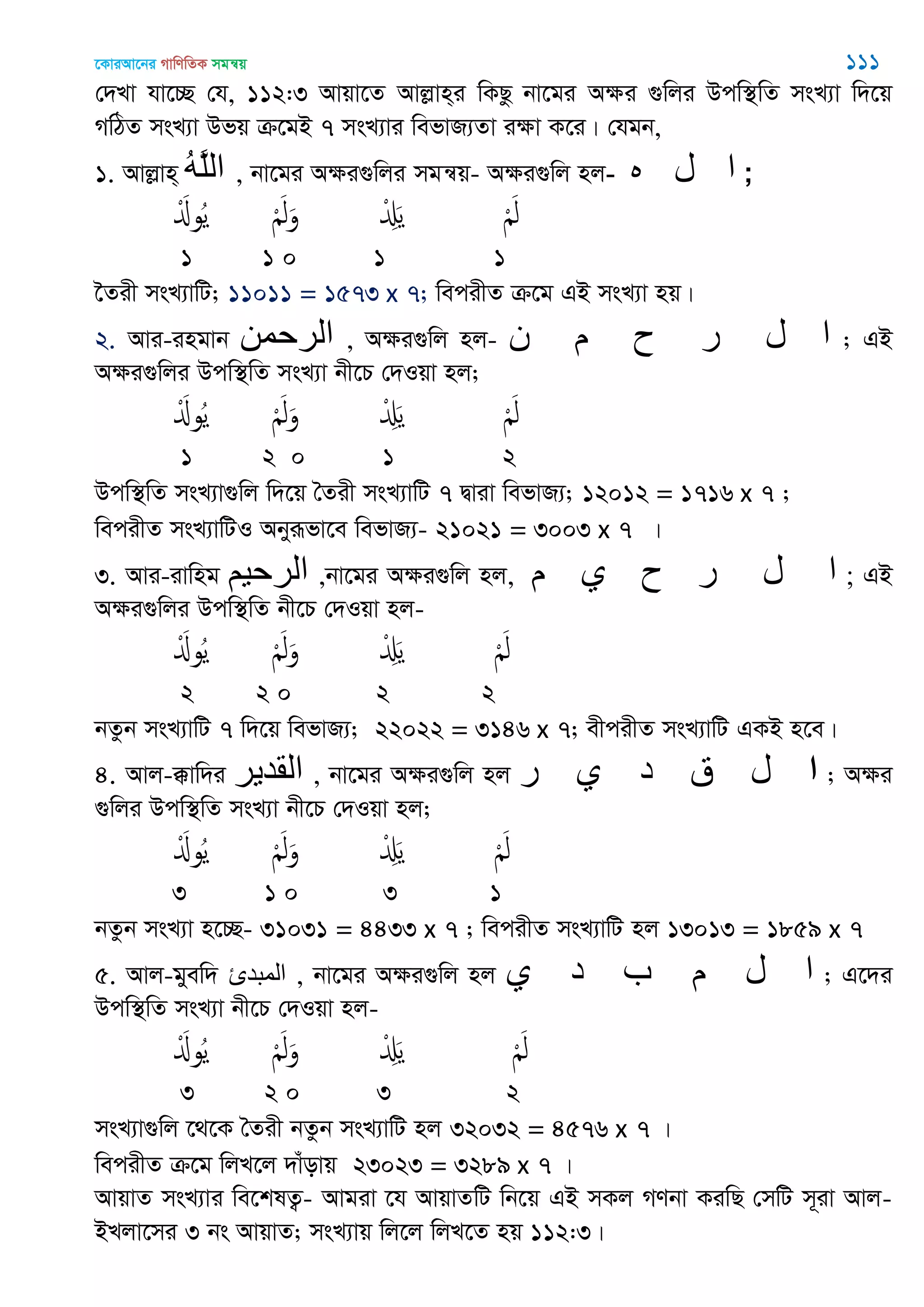 ‡KviAv‡bi MvwYwZK mgš^q 111
†`Lv hv‡”Q †h, 112:3 Avqv‡Z Avjøvn&i wKQz bv‡gi Aÿi ¸wji Dcw¯’wZ msL¨v w`‡q
MwVZ msL¨v Dfq µ‡gB 7 msL¨vi wefvR¨Zv iÿv K‡i| †hgb,
1. Avjøvn& ُ‫ه‬َ‫ل‬‫ال‬ , bv‡gi Aÿi¸wji mgš^q- Aÿi¸wj nj- ‫ه‬ ‫ل‬ ‫ا‬ ;
َْ‫وا‬ُ‫ي‬ َْ‫ل‬َ‫و‬ ْ َِ‫ي‬ َْ‫ل‬
1 1 0 1 1
‣Zix msL¨vwU; 11011 = 1573 x 7; wecixZ µ‡g GB msL¨v nq|
2. Avi-ingvb ‫الرحوي‬ , Aÿi¸wj nj- ‫ى‬ ‫م‬ ‫ح‬ ‫ر‬ ‫ل‬ ‫ا‬ ; GB
Aÿi¸wji Dcw¯’wZ msL¨v bx‡P †`Iqv nj;
َْ‫وا‬ُ‫ي‬ َْ‫ل‬َ‫و‬ ْ َِ‫ي‬ َْ‫ل‬
1 2 0 1 2
Dcw¯’wZ msL¨v¸wj w`‡q •Zix msL¨vwU 7 Øviv wefvR¨; 12012 = 1716 x 7 ;
wecixZ msL¨vwUI Abyiƒfv‡e wefvR¨- 21021 = 3003 x 7 |
3. Avi-ivwng ‫الرحين‬ ,bv‡gi Aÿi¸wj nj, ‫م‬ ‫ي‬ ‫ح‬ ‫ر‬ ‫ل‬ ‫ا‬ ; GB
Aÿi¸wji Dcw¯’wZ bx‡P †`Iqv nj-
َْ‫وا‬ُ‫ي‬ َْ‫ل‬َ‫و‬ ْ َِ‫ي‬ َْ‫ل‬
2 2 0 2 2
bZzb msL¨vwU 7 w`‡q wefvR¨; 22022 = 3146 x 7; excixZ msL¨vwU GKB n‡e|
4. Avj-°vw`i ‫القدير‬ , bv‡gi Aÿi¸wj nj ‫ر‬ ‫ي‬ ‫د‬ ‫ق‬ ‫ل‬ ‫ا‬ ; Aÿi
¸wji Dcw¯’wZ msL¨v bx‡P †`Iqv nj;
َْ‫وا‬ُ‫ي‬ َْ‫ل‬َ‫و‬ ْ َِ‫ي‬ َْ‫ل‬
3 1 0 3 1
bZzb msL¨v n‡”Q- 31031 = 4433 x 7 ; wecixZ msL¨vwU nj 13013 = 1859 x 7
5. Avj-gyew` ‫المثدئ‬ , bv‡gi Aÿi¸wj nj ‫ي‬ ‫د‬ ‫ب‬ ‫م‬ ‫ل‬ ‫ا‬ ; G‡`i
Dcw¯’wZ msL¨v bx‡P †`Iqv nj-
َْ‫وا‬ُ‫ي‬ َْ‫ل‬َ‫و‬ ْ َِ‫ي‬ َْ‫ل‬
3 2 0 3 2
msL¨v¸wj ‡_‡K •Zix bZzb msL¨vwU nj 32032 = 4576 x 7 |
wecixZ µ‡g wjL‡j `vuovq 23023 = 3289 x 7 |
AvqvZ msL¨vi we‡klZ¡- Avgiv ‡h AvqvZwU wb‡q GB mKj MYbv KiwQ †mwU m~iv Avj-
BLjv‡mi 3 bs AvqvZ; msL¨vq wj‡j wjL‡Z nq 112:3|
 