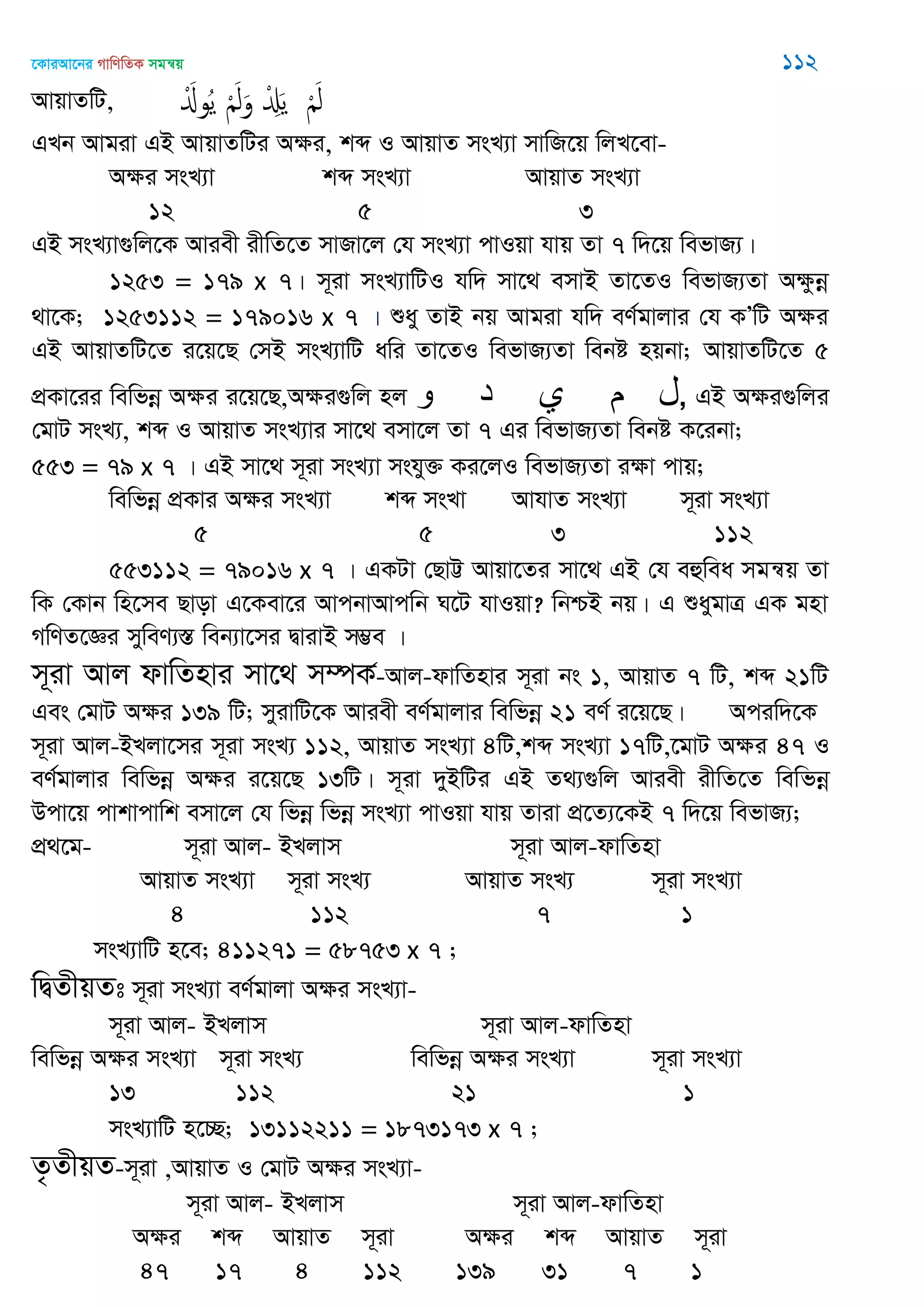 ‡KviAv‡bi MvwYwZK mgš^q 112
AvqvZwU, َْ‫وا‬ُ‫ي‬ َْ‫ل‬َ‫و‬ ْ َِ‫ي‬ َْ‫ل‬
GLb Avgiv GB AvqvZwUi Aÿi, kã I AvqvZ msL¨v mvwR‡q wjL‡ev-
Aÿi msL¨v kã msL¨v AvqvZ msL¨v
12 5 3
GB msL¨v¸wj‡K Aviex ixwZ‡Z mvRv‡j †h msL¨v cvIqv hvq Zv 7 w`‡q wefvR¨|
1253 = 179 x 7| m~iv msL¨vwUI hw` mv‡_ emvB Zv‡ZI wefvR¨Zv Aÿzbœ
_v‡K; 1253112 = 179016 x 7 | ïay ZvB bq Avgiv hw` eY©gvjvi †h KÕwU Aÿi
GB AvqvZwU‡Z i‡q‡Q †mB msL¨vwU awi Zv‡ZI wefvR¨Zv webó nqbv; AvqvZwU‡Z 5
cÖKv‡ii wewfbœ Aÿi i‡q‡Q,Aÿi¸wj nj ‫و‬ ‫د‬ ‫ي‬ ‫م‬ ‫ل‬, GB Aÿi¸wji
†gvU msL¨, kã I AvqvZ msL¨vi mv‡_ emv‡j Zv 7 Gi wefvR¨Zv webó K‡ibv;
553 = 79 x 7 | GB mv‡_ m~iv msL¨v mshy³ Ki‡jI wefvR¨Zv iÿv cvq;
wewfbœ cÖKvi Aÿi msL¨v kã msLv AvhvZ msL¨v m~iv msL¨v
5 5 3 112
553112 = 79016 x 7 | GKUv †QvÆ Avqv‡Zi mv‡_ GB †h eûwea mgš^q Zv
wK †Kvb wn‡me Qvov G‡Kev‡i AvcbvAvcwb N‡U hvIqv? wbðB bq| G ïaygvÎ GK gnv
MwYZ‡Ái myweY¨¯Í web¨v‡mi ØvivB m¤¢e |
m~iv Avj dvwZnvi mv‡_ m¤úK©-Avj-dvwZnvi m~iv bs 1, AvqvZ 7 wU, kã 21wU
Ges †gvU Aÿi 139 wU; myivwU‡K Aviex eY©gvjvi wewfbœ 21 eY© i‡q‡Q| Aciw`‡K
m~iv Avj-BLjv‡mi m~iv msL¨ 112, AvqvZ msL¨v 4wU,kã msL¨v 17wU,‡gvU Aÿi 47 I
eY©gvjvi wewfbœ Aÿi i‡q‡Q 13wU| m~iv `yBwUi GB Z_¨¸wj Aviex ixwZ‡Z wewfbœ
Dcv‡q cvkvcvwk emv‡j †h wfbœ wfbœ msL¨v cvIqv hvq Zviv cÖ‡Z¨‡KB 7 w`‡q wefvR¨;
cÖ_‡g- m~iv Avj- BLjvm m~iv Avj-dvwZnv
AvqvZ msL¨v m~iv msL¨ AvqvZ msL¨ m~iv msL¨v
4 112 7 1
msL¨vwU n‡e; 411271 = 58753 x 7 ;
wØZxqZt m~iv msL¨v eY©gvjv Aÿi msL¨v-
m~iv Avj- BLjvm m~iv Avj-dvwZnv
wewfbœ Aÿi msL¨v m~iv msL¨ wewfbœ Aÿi msL¨v m~iv msL¨v
13 112 21 1
msL¨vwU n‡”Q; 13112211 = 1873173 x 7 ;
Z…ZxqZ-m~iv ,AvqvZ I †gvU Aÿi msL¨v-
m~iv Avj- BLjvm m~iv Avj-dvwZnv
Aÿi kã AvqvZ m~iv Aÿi kã AvqvZ m~iv
47 17 4 112 139 31 7 1
 