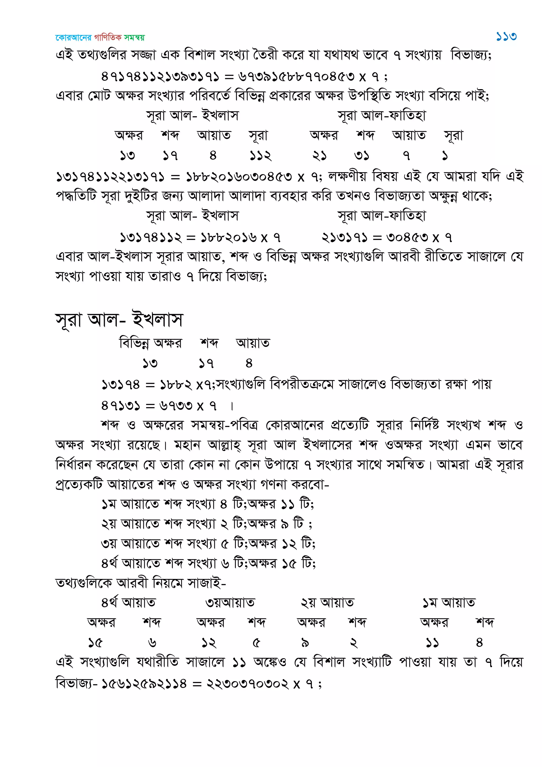 ‡KviAv‡bi MvwYwZK mgš^q 113
GB Z_¨¸wji m¾v GK wekvj msL¨v •Zix K‡i hv h_vh_ fv‡e 7 msL¨vq wefvR¨;
471741121393171 = 67391588770453 x 7 ;
Gevi †gvU Aÿi msL¨vi cwie‡Z© wewfbœ cÖKv‡ii Aÿi Dcw¯’wZ msL¨v ewm‡q cvB;
m~iv Avj- BLjvm m~iv Avj-dvwZnv
Aÿi kã AvqvZ m~iv Aÿi kã AvqvZ m~iv
13 17 4 112 21 31 7 1
13174112213171 = 1882016030453 x 7; jÿYxq welq GB †h Avgiv hw` GB
c×wZwU m~iv `yBwUi Rb¨ Avjv`v Avjv`v e¨envi Kwi ZLbI wefvR¨Zv Aÿzbœ _v‡K;
m~iv Avj- BLjvm m~iv Avj-dvwZnv
13174112 = 1882016 x 7 213171 = 30453 x 7
Gevi Avj-BLjvm m~ivi AvqvZ, kã I wewfbœ Aÿi msL¨v¸wj Aviex ixwZ‡Z mvRv‡j †h
msL¨v cvIqv hvq ZvivI 7 w`‡q wefvR¨;
m~iv Avj- BLjvm
wewfbœ Aÿi kã AvqvZ
13 17 4
13174 = 1882 x7;msL¨v¸wj wecixZµ‡g mvRv‡jI wefvR¨Zv iÿv cvq
47131 = 6733 x 7 |
kã I Aÿ‡ii mgš^q-cweÎ †KviAv‡bi cÖ‡Z¨wU m~ivi wbw`©ó msL¨L kã I
Aÿi msL¨v i‡q‡Q| gnvb Avjøvn& m~iv Avj BLjv‡mi kã IAÿi msL¨v Ggb fv‡e
wba©vib K‡i‡Qb †h Zviv †Kvb bv †Kvb Dcv‡q 7 msL¨vi mv‡_ mgwš^Z| Avgiv GB m~ivi
cª‡Z¨KwU Avqv‡Zi kã I Aÿi msL¨v MYbv Ki‡ev-
1g Avqv‡Z kã msL¨v 4 wU;Aÿi 11 wU;
2q Avqv‡Z kã msL¨v 2 wU;Aÿi 9 wU ;
3q Avqv‡Z kã msL¨v 5 wU;Aÿi 12 wU;
4_© Avqv‡Z kã msL¨v 6 wU;Aÿi 15 wU;
Z_¨¸wj‡K Aviex wbq‡g mvRvB-
4_© AvqvZ 3qAvqvZ 2q AvqvZ 1g AvqvZ
Aÿi kã Aÿi kã Aÿi kã Aÿi kã
15 6 12 5 9 2 11 4
GB msL¨v¸wj h_vixwZ mvRv‡j 11 A‡¼I †h wekvj msL¨vwU cvIqv hvq Zv 7 w`‡q
wefvR¨- 15612592114 = 2230370302 x 7 ;
 