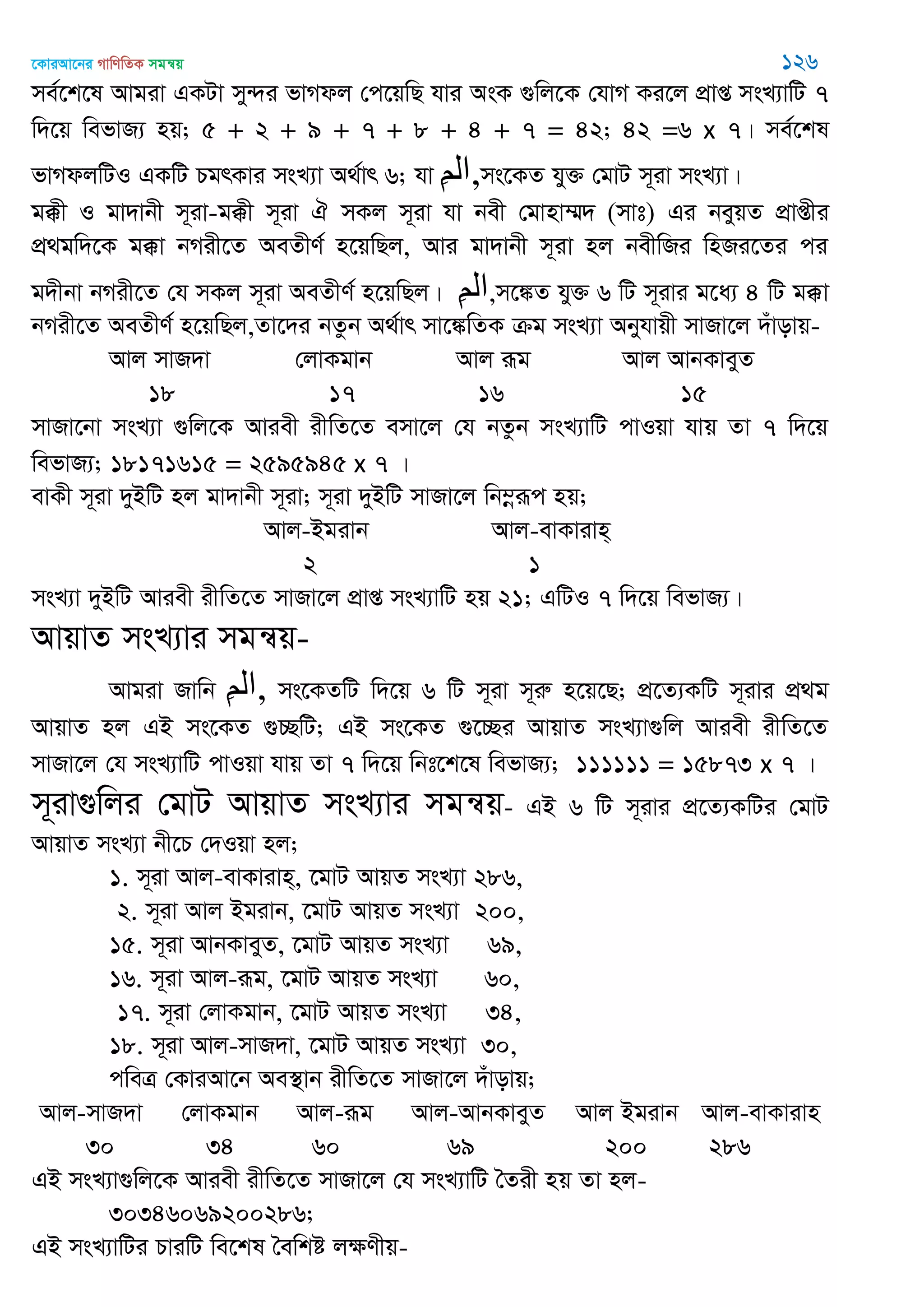 ‡KviAv‡bi MvwYwZK mgš^q 126
me©‡k‡l Avgiv GKUv my›`i fvMdj †c‡qwQ hvi AsK ¸wj‡K †hvM Ki‡j cÖvß msL¨vwU 7
w`‡q wefvR¨ nq; 5 + 2 + 9 + 7 + 8 + 4 + 7 = 42; 42 =6 x 7| me©‡kl
fvMdjwUI GKwU PgrKvi msL¨v A_©vr 6; hv ِ‫ن‬‫,ال‬ms‡KZ hy³ †gvU m~iv msL¨v|
g°x I gv`vbx m~iv-g°x m~iv H mKj m~iv hv bex †gvnv¤§` (mvt) Gi beyqZ cÖvßxi
cÖ_gw`‡K g°v bMix‡Z AeZxY© n‡qwQj, Avi gv`vbx m~iv nj bexwRi wnRi‡Zi ci
g`xbv bMix‡Z †h mKj m~iv AeZxY© n‡qwQj| ِ‫ن‬‫ال‬,m‡¼Z hy³ 6 wU m~ivi g‡a¨ 4 wU g°v
bMix‡Z AeZxY© n‡qwQj,Zv‡`i bZzb A_©vr mv‡¼wZK µg msL¨v Abyhvqx mvRv‡j `uvovq-
Avj mvR`v †jvKgvb Avj iƒg Avj AvbKveyZ
18 17 16 15
mvRv‡bv msL¨v ¸wj‡K Aviex ixwZ‡Z emv‡j †h bZzb msL¨vwU cvIqv hvq Zv 7 w`‡q
wefvR¨; 18171615 = 2595945 x 7 |
evKx m~iv `yBwU nj gv`vbx m~iv; m~iv `yBwU mvRv‡j wb¤œiƒc nq;
Avj-Bgivb Avj-evKvivn&
2 1
msL¨v `yBwU Aviex ixwZ‡Z mvRv‡j cÖvß msL¨vwU nq 21; GwUI 7 w`‡q wefvR¨|
AvqvZ msL¨vi mgš^q-
Avgiv Rvwb ِ‫ن‬‫,ال‬ ms‡KZwU w`‡q 6 wU m~iv m~iæ n‡q‡Q; cÖ‡Z¨KwU m~ivi cÖ_g
AvqvZ nj GB ms‡KZ ¸”QwU; GB ms‡KZ ¸‡”Qi AvqvZ msL¨v¸wj Aviex ixwZ‡Z
mvRv‡j †h msL¨vwU cvIqv hvq Zv 7 w`‡q wbt‡k‡l wefvR¨; 111111 = 15873 x 7 |
m~iv¸wji †gvU AvqvZ msL¨vi mgš^q- GB 6 wU m~ivi cÖ‡Z¨KwUi †gvU
AvqvZ msL¨v bx‡P †`Iqv nj;
1. m~iv Avj-evKvivn&, ‡gvU AvqZ msL¨v 286,
2. m~iv Avj Bgivb, ‡gvU AvqZ msL¨v 200,
15. m~iv AvbKveyZ, ‡gvU AvqZ msL¨v 69,
16. m~iv Avj-iƒg, ‡gvU AvqZ msL¨v 60,
17. m~iv †jvKgvb, ‡gvU AvqZ msL¨v 34,
18. m~iv Avj-mvR`v, ‡gvU AvqZ msL¨v 30,
cweÎ †KviAv‡b Ae¯’vb ixwZ‡Z mvRv‡j `uvovq;
Avj-mvR`v †jvKgvb Avj-iƒg Avj-AvbKveyZ Avj Bgivb Avj-evKvivn
30 34 60 69 200 286
GB msL¨v¸wj‡K Aviex ixwZ‡Z mvRv‡j †h msL¨vwU •Zix nq Zv nj-
30346069200286;
GB msL¨vwUi PviwU we‡kl •ewkó jÿYxq-
 