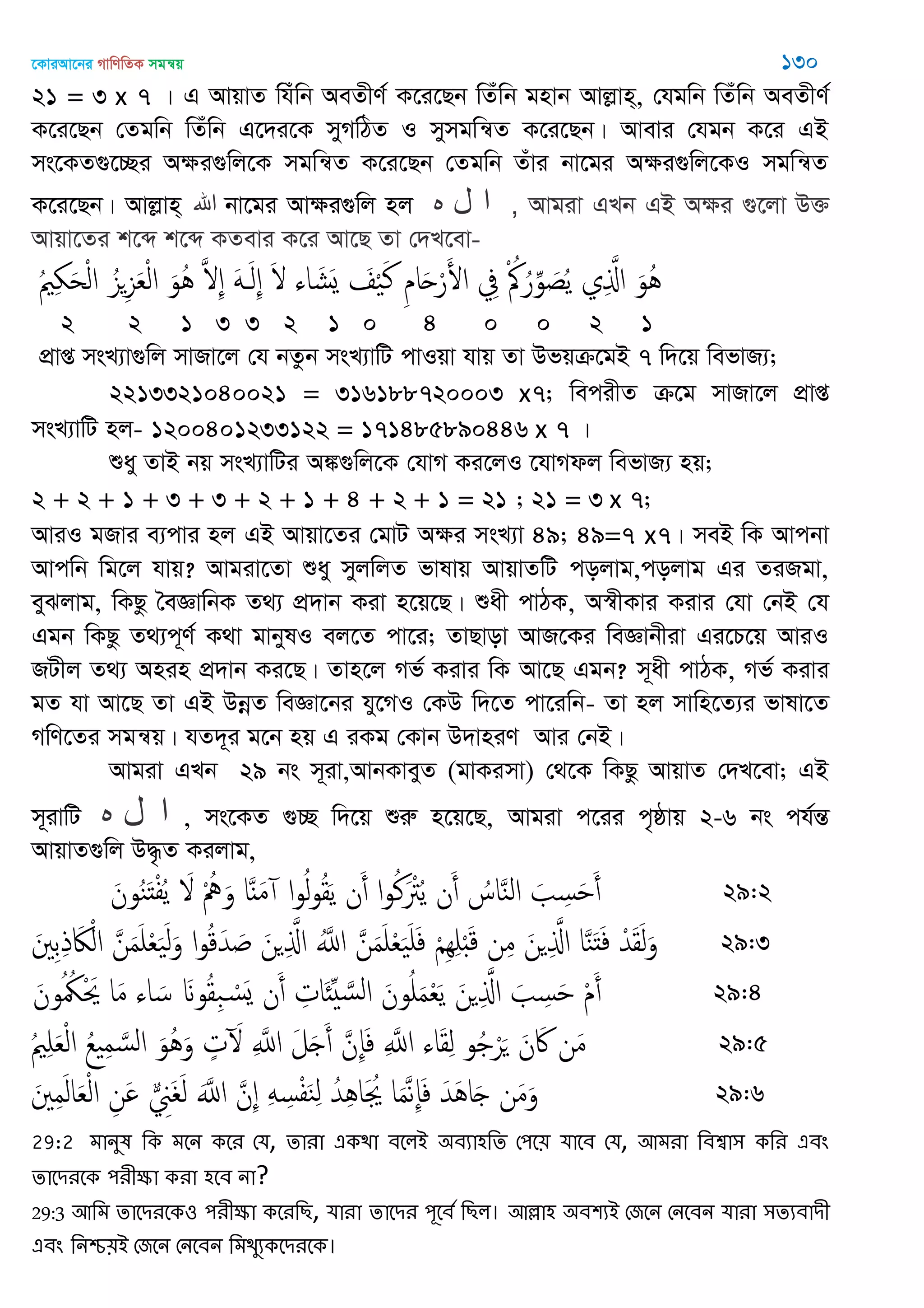 ‡KviAv‡bi MvwYwZK mgš^q 130
21 = 3 x 7 | G AvqvZ whuwb AeZxY© K‡i‡Qb wZuwb gnvb Avjøvn&, †hgwb wZuwb AeZxY©
K‡i‡Qb †Zgwb wZuwb G‡`i‡K myMwVZ I mymgwš^Z K‡i‡Qb| Avevi †hgb K‡i GB
ms‡KZ¸‡”Qi Aÿi¸wj‡K mgwš^Z K‡i‡Qb †Zgwb Zuvi bv‡gi Aÿi¸wj‡KI mgwš^Z
K‡i‡Qb| Avjøvn& ‫اهلل‬ bv‡gi Avÿi¸wj nj ‫ه‬ ‫ل‬ ‫ا‬ , Avgiv GLb GB Aÿi ¸‡jv D³
Avqv‡Zi k‡ã k‡ã KZevi K‡i Av‡Q Zv †`L‡ev-
ُ ِ َ‫ح‬ْ‫ل‬‫ا‬ ُ‫ي‬ِ‫ي‬َ‫ع‬ْ‫ل‬‫ا‬ َ‫ُو‬ُ َ ِ َََ‫ل‬ِ َ ‫اا‬ َ‫َل‬‫ي‬ َ ْ َ‫ن‬ ِ‫م‬‫ا‬َ‫ح‬ْ‫ر‬َ‫اْل‬ ِ‫ِف‬ ْ ُ ُ‫ر‬ِ‫و‬ َ‫ص‬ُ‫ي‬ ‫ي‬ِ َ‫اا‬ َ‫ُو‬ُ
2 2 1 3 3 2 1 0 4 0 0 2 1
cÖvß msL¨v¸wj mvRv‡j †h bZzb msL¨vwU cvIqv hvq Zv Dfqµ‡gB 7 w`‡q wefvR¨;
2213321040021 = 316188720003 x7; wecixZ µ‡g mvRv‡j cÖvß
msL¨vwU nj- 1200401233122 = 171485890446 x 7 |
ïay ZvB bq msL¨vwUi A¼¸wj‡K †hvM Ki‡jI ‡hvMdj wefvR¨ nq;
2 + 2 + 1 + 3 + 3 + 2 + 1 + 4 + 2 + 1 = 21 ; 21 = 3 x 7;
AviI gRvi e¨cvi nj GB Avqv‡Zi †gvU Aÿi msL¨v 49; 49=7 x7| meB wK Avcbv
Avcwb wg‡j hvq? Avgiv‡Zv ïay myjwjZ fvlvq AvqvZwU cojvg,cojvg Gi ZiRgv,
eySjvg, wKQz •eÁvwbK Z_¨ cÖ`vb Kiv n‡q‡Q| ïax cvVK, A¯^xKvi Kivi †hv †bB †h
Ggb wKQz Z_¨c~Y© K_v gvbylI ej‡Z cv‡i; ZvQvov AvR‡Ki weÁvbxiv Gi‡P‡q AviI
RUxj Z_¨ Anin cÖ`vb Ki‡Q| Zvn‡j Mf© Kivi wK Av‡Q Ggb? m~ax cvVK, Mf© Kivi
gZ hv Av‡Q Zv GB DbœZ weÁv‡bi hy‡MI †KD w`‡Z cv‡iwb- Zv nj mvwn‡Z¨i fvlv‡Z
MwY‡Zi mgš^q| hZ`~i g‡b nq G iKg †Kvb D`vniY Avi †bB|
Avgiv GLb 29 bs m~iv,AvbKveyZ (gvKimv) †_‡K wKQz AvqvZ †`L‡ev; GB
m~ivwU ‫ه‬ ‫ل‬ ‫ا‬ , ms‡KZ ¸”Q w`‡q ïiæ n‡q‡Q, Avgiv c‡ii c„ôvq 2-6 bs ch©šÍ
AvqvZ¸wj D×…Z Kijvg,
َ‫ون‬ُ‫ي‬َ‫ذ‬ْ‫ف‬ُ‫ي‬ َ ْ ُ َ‫و‬ ‫ا‬ٌََ‫م‬ ‫ا‬‫و‬ُ‫ل‬‫و‬ُ‫ل‬َ‫ي‬ ‫ن‬َ‫أ‬ ‫ا‬‫و‬ُ‫ن‬َ ْ‫َت‬ُ‫ي‬ ‫ن‬َ‫أ‬ ُ‫اس‬َ‫ي‬‫ال‬ َ ِ‫س‬َ َ‫أ‬ 29:2
َ ِ‫ب‬ِ‫ذ‬ َ ْ‫ال‬ َ‫ن‬َ‫م‬َ ْ‫ع‬ََ‫ل‬َ‫و‬ ‫ا‬‫و‬ُ‫ك‬َ‫ّد‬ َ َ‫ن‬ ِ َ‫اا‬ َُ‫اا‬ َ‫ن‬َ‫م‬َ ْ‫ع‬ََ َ‫ف‬ ْ ِِِ َْ‫ك‬ ‫ن‬ِ‫م‬ َ‫ن‬ ِ َ‫اا‬ ‫ا‬َ‫ي‬َ‫ذ‬َ‫ف‬ ْ‫ّد‬َ‫ل‬َ‫ل‬َ‫و‬ 29:3
َ‫ون‬ُ ُ ْ َ‫ُي‬ ‫ا‬َ‫م‬ ‫اا‬ َ‫س‬ َ‫و‬ُ‫ل‬ِ‫ب‬ ْ‫َس‬‫ي‬ ‫ن‬َ‫أ‬ ِ‫َات‬ ِ َ‫الس‬ َ‫ون‬ُ َ‫م‬ْ‫ع‬َ‫ي‬ َ‫ن‬ ِ َ‫اا‬ َ ِ‫س‬َ ْ‫م‬َ‫أ‬ 29:4
ُ ِ َ‫ع‬ْ‫ل‬‫ا‬ ُ‫ع‬ ِ‫م‬ َ‫الس‬ َ‫ُو‬َُ‫و‬ ٍ‫ت‬ َ ِ َ‫اا‬ َ‫ل‬َ َ‫أ‬ َ‫ِن‬‫إ‬َ‫ف‬ ِ َ‫اا‬ ‫اا‬َ‫ل‬ِ‫ل‬ ‫و‬ُ ْ‫ر‬َ َ‫ن‬ َ‫َك‬ ‫ن‬َ‫م‬ 29:5
َ ِ‫م‬َ‫ل‬‫ا‬َ‫ع‬ْ‫ل‬‫ا‬ ِ‫َن‬ َِ َ‫ل‬ ََ‫اا‬ َ‫ِن‬ َِ ِ‫س‬ْ‫ف‬َ‫ي‬ِ‫ل‬ ُ‫ّد‬ُِ‫ا‬َ ُ ‫ا‬َ‫م‬َ‫ه‬ِ‫إ‬َ‫ف‬ َ‫َّد‬ُ‫ا‬َ ‫ن‬َ‫م‬َ‫و‬ 29:6
29:2 ভানুল থক ভতন কতয শম, োযা একিা ফতরআ ঄ফযা঴থে শ঩ত৞ মাতফ শম, অভযা থফশ্বা঳ কথয এফং
োতিযতক ঩যীক্ষা কযা ঴তফ না?
29:3 অথভ োতিযতক঑ ঩যীক্ষা কতযথে, মাযা োতিয ঩ূতফত থের। অল্লা঴ ঄ফ঱যআ শজতন শনতফন মাযা ঳েযফািী
এফং থনশ্চ৞আ শজতন শনতফন থভিুযকতিযতক।
 