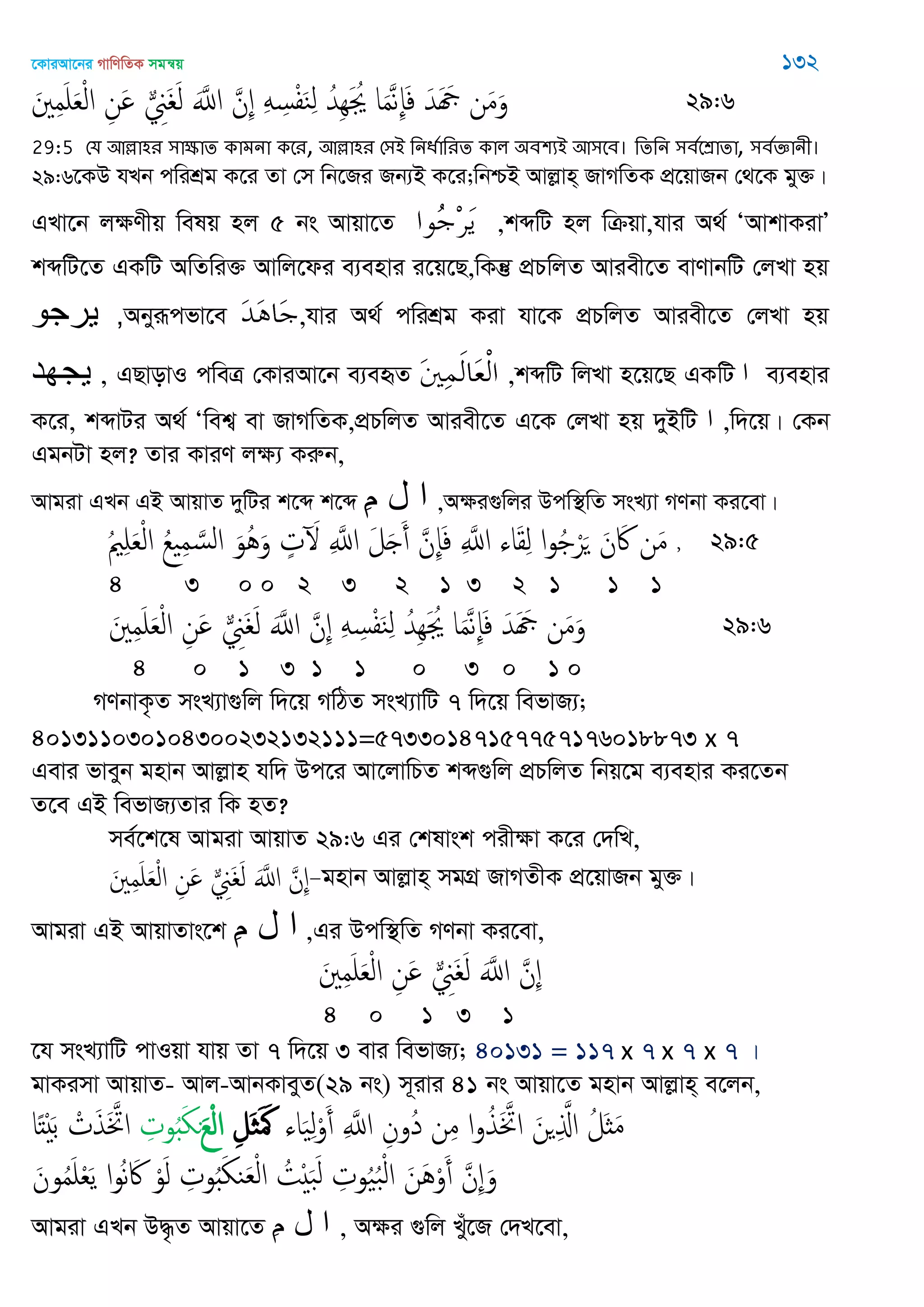 ‡KviAv‡bi MvwYwZK mgš^q 132
َ ِ‫م‬َ َ‫ع‬ْ‫ل‬‫ا‬ ِ‫َن‬ َِ َ‫ل‬ ََ‫اا‬ َ‫ِن‬ َِ ِ‫س‬ْ‫ف‬َ‫ي‬ِ‫ل‬ ُ‫ِّد‬َِ ُ ‫ا‬َ‫م‬َ‫ه‬ِ‫إ‬َ‫ف‬ َ‫َّد‬ َ ‫ن‬َ‫م‬َ‫و‬ 29:6
29:5 শম অল্লা঴য ঳াক্ষাে কাভনা কতয, অল্লা঴য শ঳আ থনধতাথযে কার ঄ফ঱যআ অ঳তফ। থেথন ঳ফততশ্রাো, ঳ফতজ্ঞানী।
29:6‡KD hLb cwikÖg K‡i Zv †m wb‡Ri Rb¨B K‡i;wbðB Avjøvn& RvMwZK cÖ‡qvRb †_‡K gy³|
GLv‡b jÿYxq welq nj 5 bs Avqv‡Z ,kãwU nj wµqv,hvi A_© ÔAvkvKivÕ
kãwU‡Z GKwU AwZwi³ Avwj‡di e¨envi i‡q‡Q,wKš‘ cÖPwjZ Aviex‡Z evYvbwU †jLv nq
‫يرجى‬ ,Abyiƒcfv‡e ,hvi A_© cwikÖg Kiv hv‡K cÖPwjZ Aviex‡Z †jLv nq
‫يجهد‬ , GQvovI cweÎ †KviAv‡b e¨eüZ ,kãwU wjLv n‡q‡Q GKwU ‫ا‬ e¨envi
K‡i, kãvUi A_© Ôwek¦ ev RvMwZK,cÖPwjZ Aviex‡Z G‡K †jLv nq `yBwU ‫ا‬ ,w`‡q| †Kb
GgbUv nj? Zvi KviY jÿ¨ Kiæb,
Avgiv GLb GB AvqvZ `ywUi k‡ã k‡ã ِ‫م‬ ‫ل‬ ‫ا‬ ,Aÿi¸wji Dcw¯’wZ msL¨v MYbv Ki‡ev|
ُ ِ َ‫ع‬ْ‫ل‬‫ا‬ ُ‫ع‬ ِ‫م‬ َ‫الس‬ َ‫ُو‬َُ‫و‬ ٍ‫ت‬ َ ِ َ‫اا‬ َ‫ل‬َ َ‫أ‬ َ‫ِن‬‫إ‬َ‫ف‬ ِ َ‫اا‬ ‫اا‬َ‫ل‬ِ‫ل‬ ‫ا‬‫و‬ُ ْ‫ر‬َ َ‫ن‬ َ‫َك‬ ‫ن‬َ‫م‬ , 29:5
4 3 0 0 2 3 2 1 3 2 1 1 1
َ ِ‫م‬َ َ‫ع‬ْ‫ل‬‫ا‬ ِ‫َن‬ َِ َ‫ل‬ ََ‫اا‬ َ‫ِن‬ َِ ِ‫س‬ْ‫ف‬َ‫ي‬ِ‫ل‬ ُ‫ِّد‬َِ ُ ‫ا‬َ‫م‬َ‫ه‬ِ‫إ‬َ‫ف‬ َ‫َّد‬ َ ‫ن‬َ‫م‬َ‫و‬ 29:6
4 0 1 3 1 1 0 3 0 1 0
MYbvK…Z msL¨v¸wj w`‡q MwVZ msL¨vwU 7 w`‡q wefvR¨;
401311030104300232132111=57330147157757176018873 x 7
Gevi fveyb gnvb Avjøvn hw` Dc‡i Av‡jvwPZ kã¸wj cÖPwjZ wbq‡g e¨envi Ki‡Zb
Z‡e GB wefvR¨Zvi wK nZ?
me©‡k‡l Avgiv AvqvZ 29:6 Gi †klvsk cixÿv K‡i †`wL,
َ ِ‫م‬َ َ‫ع‬ْ‫ل‬‫ا‬ ِ‫َن‬ َِ َ‫ل‬ ََ‫اا‬ َ‫ِن‬ gnvb Avjøvn& mgMÖ RvMZxK cÖ‡qvRb gy³|
Avgiv GB AvqvZvs‡k ِ‫م‬ ‫ل‬ ‫ا‬ ,Gi Dcw¯’wZ MYbv Ki‡ev,
َ ِ‫م‬َ َ‫ع‬ْ‫ل‬‫ا‬ ِ‫َن‬ َِ َ‫ل‬ ََ‫اا‬ َ‫ِن‬
4 0 1 3 1
‡h msL¨vwU cvIqv hvq Zv 7 w`‡q 3 evi wefvR¨; 40131 = 117 x 7 x 7 x 7 |
gvKimv AvqvZ- Avj-AvbKveyZ(29 bs) m~ivi 41 bs Avqv‡Z gnvb Avjøvn& e‡jb,
‫اا‬َ ِ‫ل‬ْ‫و‬َ‫أ‬ ِ َ‫اا‬ ِ‫ُون‬‫د‬ ‫ن‬ِ‫م‬ ‫ا‬‫و‬ُ‫ذ‬ََ ‫ا‬ َ‫ن‬ ِ َ‫اا‬ ُ‫َل‬‫ث‬َ‫م‬ِ‫َل‬ َ ََ‫ع‬ْ‫ل‬‫ا‬ِ‫وت‬َُ ‫ى‬‫ا‬ً‫ذ‬َْ‫ب‬ ْ‫ت‬َ‫ذ‬ََ ‫ا‬
َ‫ون‬ُ‫م‬َ ْ‫ع‬َ‫ي‬ ‫ا‬‫و‬ُ‫ه‬ َ‫َك‬ ْ‫و‬َ‫ل‬ ِ‫وت‬َُ ‫ي‬َ‫ع‬ْ‫ل‬‫ا‬ ُ‫ْت‬ َ‫ب‬َ‫ل‬ ِ‫وت‬ُ ُ‫ب‬ْ‫ل‬‫ا‬ َ‫َن‬ُْ‫و‬َ‫أ‬ َ‫ِن‬ َ‫و‬
Avgiv GLb D×…Z Avqv‡Z ِ‫م‬ ‫ل‬ ‫ا‬ , Aÿi ¸wj Luy‡R †`L‡ev,
 