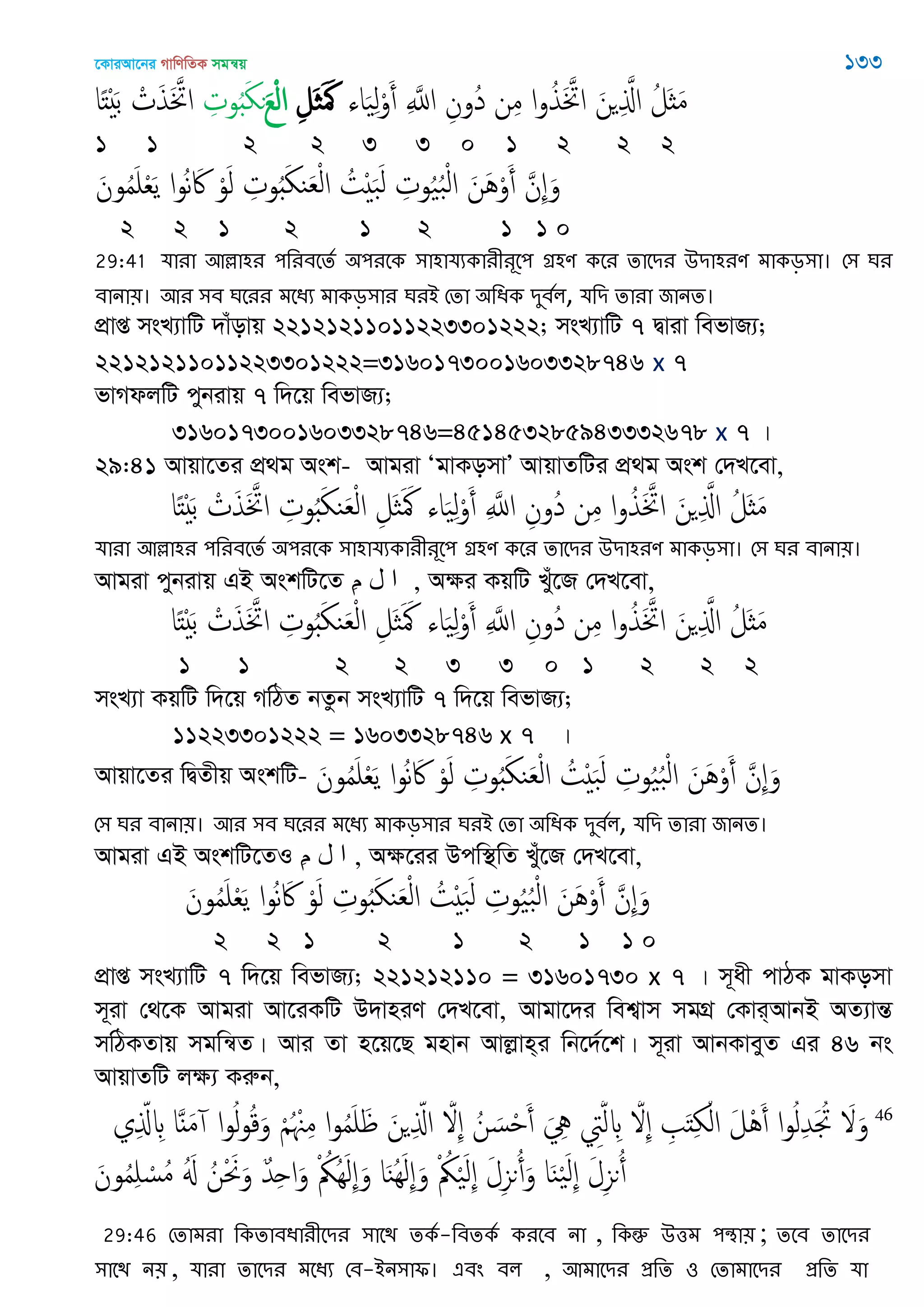 ‡KviAv‡bi MvwYwZK mgš^q 133
‫اا‬َ ِ‫ل‬ْ‫و‬َ‫أ‬ ِ َ‫اا‬ ِ‫ُون‬‫د‬ ‫ن‬ِ‫م‬ ‫ا‬‫و‬ُ‫ذ‬ََ ‫ا‬ َ‫ن‬ ِ َ‫اا‬ ُ‫َل‬‫ث‬َ‫م‬ِ‫َل‬ َ ََ‫ع‬ْ‫ل‬‫ا‬ِ‫وت‬َُ ‫ى‬‫ا‬ً‫ذ‬َْ‫ب‬ ْ‫ت‬َ‫ذ‬ََ ‫ا‬
1 1 2 2 3 3 0 1 2 2 2
َ‫ون‬ُ‫م‬َ ْ‫ع‬َ‫ي‬ ‫ا‬‫و‬ُ‫ه‬ َ‫َك‬ ْ‫و‬َ‫ل‬ ِ‫وت‬َُ ‫ي‬َ‫ع‬ْ‫ل‬‫ا‬ ُ‫ْت‬ َ‫ب‬َ‫ل‬ ِ‫وت‬ُ ُ‫ب‬ْ‫ل‬‫ا‬ َ‫َن‬ُْ‫و‬َ‫أ‬ َ‫ِن‬ َ‫و‬
2 2 1 2 1 2 1 1 0
29:41 মাযা অল্লা঴য ঩থযফতেত ঄঩যতক ঳া঴ামযকাযীযূত঩ গ্র঴ণ কতয োতিয ঈিা঴যণ ভাকড়঳া। শ঳ র্য
ফানা৞। অয ঳ফ র্তযয ভতধয ভাকড়঳ায র্যআ শো ঄থধক িুফতর, মথি োযা জানে।
cÖvß msL¨vwU `vuovq 22121211011223301222; msL¨vwU 7 Øviv wefvR¨;
22121211011223301222=3160173001603328746 x 7
fvMdjwU cybivq 7 w`‡q wefvR¨;
3160173001603328746=451453285943332678 x 7 |
29:41 Avqv‡Zi cÖ_g Ask- Avgiv ÔgvKomvÕ AvqvZwUi cÖ_g Ask †`L‡ev,
‫ا‬ً‫ذ‬َْ‫ب‬ ْ‫ت‬َ‫ذ‬ََ ‫ا‬ ِ‫وت‬َُ ‫ي‬َ‫ع‬ْ‫ل‬‫ا‬ ِ‫َل‬ َ َ ‫اا‬َ ِ‫ل‬ْ‫و‬َ‫أ‬ ِ َ‫اا‬ ِ‫ُون‬‫د‬ ‫ن‬ِ‫م‬ ‫ا‬‫و‬ُ‫ذ‬ََ ‫ا‬ َ‫ن‬ ِ َ‫اا‬ ُ‫َل‬‫ث‬َ‫م‬
মাযা অল্লা঴য ঩থযফতেত ঄঩যতক ঳া঴ামযকাযীযূত঩ গ্র঴ণ কতয োতিয ঈিা঴যণ ভাকড়঳া। শ঳ র্য ফানা৞।
Avgiv cybivq GB AskwU‡Z ِ‫م‬ ‫ل‬ ‫ا‬ , Aÿi KqwU Lyu‡R †`L‡ev,
‫ا‬ً‫ذ‬َْ‫ب‬ ْ‫ت‬َ‫ذ‬ََ ‫ا‬ ِ‫وت‬َُ ‫ي‬َ‫ع‬ْ‫ل‬‫ا‬ ِ‫َل‬ َ َ ‫اا‬َ ِ‫ل‬ْ‫و‬َ‫أ‬ ِ َ‫اا‬ ِ‫ُون‬‫د‬ ‫ن‬ِ‫م‬ ‫ا‬‫و‬ُ‫ذ‬ََ ‫ا‬ َ‫ن‬ ِ َ‫اا‬ ُ‫َل‬‫ث‬َ‫م‬
1 1 2 2 3 3 0 1 2 2 2
msL¨v KqwU w`‡q MwVZ bZzb msL¨vwU 7 w`‡q wefvR¨;
11223301222 = 1603328746 x 7 |
Avqv‡Zi wØZxq AskwU- َ‫ون‬ُ‫م‬َ ْ‫ع‬َ‫ي‬ ‫ا‬‫و‬ُ‫ه‬ َ‫َك‬ ْ‫و‬َ‫ل‬ ِ‫وت‬َُ ‫ي‬َ‫ع‬ْ‫ل‬‫ا‬ ُ‫ْت‬ َ‫ب‬َ‫ل‬ ِ‫وت‬ُ ُ‫ب‬ْ‫ل‬‫ا‬ َ‫َن‬ُْ‫و‬َ‫أ‬ َ‫ِن‬ َ‫و‬
শ঳ র্য ফানা৞। অয ঳ফ র্তযয ভতধয ভাকড়঳ায র্যআ শো ঄থধক িুফতর, মথি োযা জানে।
Avgiv GB AskwU‡ZI ِ‫م‬ ‫ل‬ ‫ا‬ , Aÿ‡ii Dcw¯’wZ Lyu‡R †`L‡ev,
َ‫ون‬ُ‫م‬َ ْ‫ع‬َ‫ي‬ ‫ا‬‫و‬ُ‫ه‬ َ‫َك‬ ْ‫و‬َ‫ل‬ ِ‫وت‬َُ ‫ي‬َ‫ع‬ْ‫ل‬‫ا‬ ُ‫ْت‬ َ‫ب‬َ‫ل‬ ِ‫وت‬ُ ُ‫ب‬ْ‫ل‬‫ا‬ َ‫َن‬ُْ‫و‬َ‫أ‬ َ‫ِن‬ َ‫و‬
2 2 1 2 1 2 1 1 0
cÖvß msL¨vwU 7 w`‡q wefvR¨; 221212110 = 31601730 x 7 | m~ax cvVK gvKomv
m~iv †_‡K Avgiv Av‡iKwU D`vniY †`L‡ev, Avgv‡`i wek¦vm mgMÖ †Kvi&AvbB AZ¨všÍ
mwVKZvq mgwš^Z| Avi Zv n‡q‡Q gnvb Avjøvn&i wb‡`©‡k| m~iv AvbKveyZ Gi 46 bs
AvqvZwU jÿ¨ Kiæb,
‫ي‬ِ َ‫ا‬ ِ ‫ا‬ٌََ‫م‬ ‫ا‬‫و‬ُ‫ل‬‫و‬ُ‫ك‬َ‫و‬ ْ ُ ْ ِ‫م‬ ‫ا‬‫و‬ُ‫م‬َ َ َ‫ن‬ ِ َ‫اا‬ َ ِ ُ‫ن‬ َ‫س‬ْ َ‫أ‬ َ ِ ِ‫ِت‬َ‫ل‬ ِ َ ِ ِ َ‫ذ‬ِ ْ‫ال‬ َ‫ل‬َُْ‫أ‬ ‫ا‬‫و‬ُ‫ل‬ِ‫ّد‬َ ُ‫َت‬ َ َ‫و‬
َ‫ون‬ُ‫م‬ِ ْ‫ُس‬‫م‬ َُ ُ‫ن‬ْ َ َ‫و‬ ٌ‫ّد‬ِ‫ح‬‫ا‬َ‫و‬ ْ ُ‫ُُك‬َِ‫ل‬ِ َ‫و‬ ‫ا‬َ‫ي‬َُِ‫ل‬ِ َ‫و‬ ْ ُ‫ُك‬َْ‫ل‬ِ َ‫ل‬ِ‫ي‬‫ى‬ُ‫أ‬َ‫و‬ ‫ا‬َ‫ي‬َْ‫ل‬ِ َ‫ل‬ِ‫ي‬‫ى‬ُ‫أ‬
46
29:46 শোভযা থকোফধাযীতিয ঳াতি েকত-থফেকত কযতফ না , থকন্তু ঈত্তভ ঩ন্থা৞ ; েতফ োতিয
঳াতি ন৞ , মাযা োতিয ভতধয শফ-আন঳াপ। এফং ফর , অভাতিয প্রথে ঑ শোভাতিয প্রথে মা
 