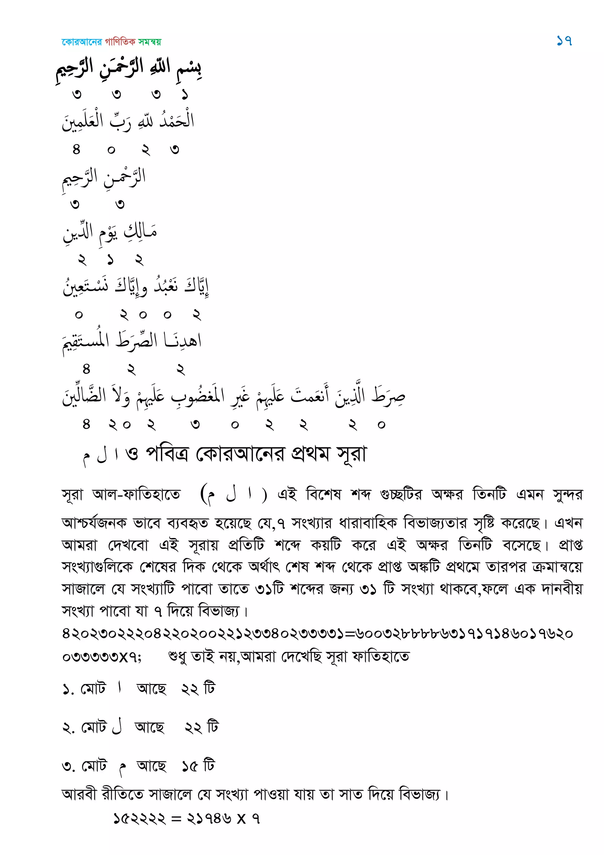 ‡KviAv‡bi MvwYwZK mgš^q 17
ِ ِ َ‫الر‬ ِ‫َن‬ ْ َ‫الر‬ ِ ّ‫اا‬ ِ ْ‫ِس‬‫ب‬
3 3 3 1
َ ِ‫م‬َ َ‫ع‬ْ‫ل‬‫ا‬ ِ َ‫ر‬ ِ ّ‫ا‬ ُ‫ّد‬ْ‫م‬َ‫ح‬ْ‫ل‬‫ا‬
4 0 2 3
ِ ِ َ‫الر‬ ِ‫ن‬ ْ َ‫الر‬
3 3
ِ‫ن‬ ِ‫اا‬ ِ‫م‬ْ‫و‬َ‫ي‬ ِ ِ‫اا‬ َ‫م‬
2 1 2
ُ ِ‫ع‬َ‫خ‬ ْ‫س‬َ‫و‬ َ‫ك‬ َ ِ‫و‬ ُ‫ّد‬ُ‫ب‬ْ‫ع‬َ‫ه‬ َ‫ك‬ َ ِ
0 2 0 0 2
َ ِ‫ل‬َ‫خ‬‫س‬ُ‫ا‬‫ا‬ َ‫ط‬َ ِ‫الل‬ ‫ا‬ َ‫ه‬ِ‫ّد‬ُ‫ا‬
4 2 2
َ ِ‫ل‬‫ا‬ َ‫الغ‬ َ َ‫و‬ ْ ِ َ َ ِ ‫و‬ ُ‫غ‬ َ‫ا‬‫ا‬ ِ َ ْ ِ َ َ َ‫مت‬َ‫ع‬‫ه‬َ‫أ‬ َ‫ن‬ ِ َ‫اا‬ َ‫ط‬َ ِ
4 2 0 2 3 0 2 2 2 0
I cweÎ †KviAv‡bi cÖ_g m~iv
m~iv Avj-dvwZnv‡Z ( ) GB we‡kl kã ¸”QwUi A¶i wZbwU Ggb my›`i
Avðh©RbK fv‡e e¨eüZ n‡q‡Q †h,7 msL¨vi avivevwnK wefvR¨Zvi m„wó K‡i‡Q| GLb
Avgiv †`L‡ev GB m~ivq cÖwZwU k‡ã KqwU K‡i GB Aÿi wZbwU e‡m‡Q| cÖvß
msL¨v¸wj‡K †k‡li w`K †_‡K A_©vr †kl kã †_‡K cÖvß A¼wU cÖ_‡g Zvici µgvš^‡q
mvRv‡j †h msL¨vwU cv‡ev Zv‡Z 31wU k‡ãi Rb¨ 31 wU msL¨v _vK‡e,d‡j GK `vbexq
msL¨v cv‡ev hv 7 w`‡q wefvR¨|
4202302220422020022123340233331=600328888631717146017620
033333x7; ïay ZvB bq,Avgiv †`‡LwQ m~iv dvwZnv‡Z
1. †gvU Av‡Q 22 wU
2. †gvU Av‡Q 22 wU
3. †gvU Av‡Q 15 wU
Aviex ixwZ‡Z mvRv‡j †h msL¨v cvIqv hvq Zv mvZ w`‡q wefvR¨|
152222 = 21746 x 7
 