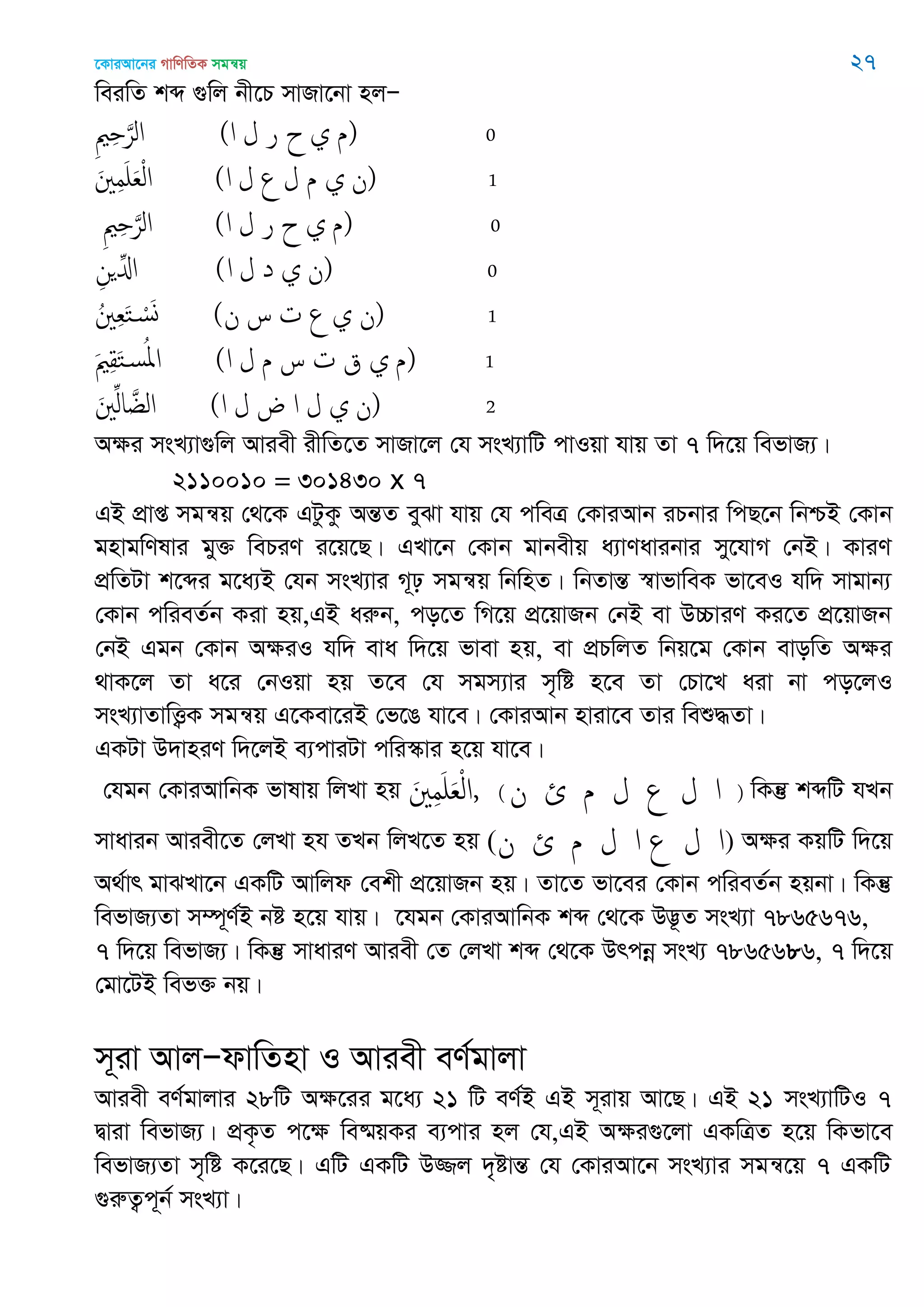 ‡KviAv‡bi MvwYwZK mgš^q 27
weiwZ kã ¸wj bx‡P mvRv‡bv njÑ
ِ ِ َ‫الر‬ (‫ا‬ ‫ل‬ ‫ر‬ ‫ح‬ ‫ي‬ ‫)م‬ 0
َ ِ‫م‬َ َ‫ع‬ْ‫ل‬‫ا‬ (‫ا‬ ‫ل‬ ‫ع‬ ‫ل‬ ‫م‬ ‫ي‬ ‫)ن‬ 1
ِ ِ َ‫الر‬ (‫ا‬ ‫ل‬ ‫ر‬ ‫ح‬ ‫ي‬ ‫)م‬ 0
ِ‫ن‬ ِ‫اا‬ (‫ا‬ ‫ل‬ ‫د‬ ‫ي‬ ‫)ن‬ 0
ُ ِ‫ع‬َ‫خ‬ ْ‫س‬َ‫و‬ (‫ن‬ ‫س‬ ‫ت‬ ‫ع‬ ‫ي‬ ‫)ن‬ 1
َ ِ‫ل‬َ‫خ‬‫س‬ُ‫ا‬‫ا‬ (‫ا‬ ‫ل‬ ‫م‬ ‫س‬ ‫ت‬ ‫ق‬ ‫ي‬ ‫)م‬ 1
َ ِ‫ل‬‫ا‬ َ‫الغ‬ (‫ا‬ ‫ل‬ ‫ض‬ ‫ا‬ ‫ل‬ ‫ي‬ ‫)ن‬ 2
Aÿi msL¨v¸wj Aviex ixwZ‡Z mvRv‡j †h msL¨vwU cvIqv hvq Zv 7 w`‡q wefvR¨|
2110010 = 301430 x 7
GB cÖvß mgš^q †_‡K GUzKz AšÍZ eySv hvq †h cweÎ †KviAvb iPbvi wcQ‡b wbðB †Kvb
gnvgwYlvi gy³ wePiY i‡q‡Q| GLv‡b †Kvb gvbexq a¨vYavibvi my‡hvM †bB| KviY
cÖwZUv k‡ãi g‡a¨B †hb msL¨vi M~p mgš^q wbwnZ| wbZvšÍ ¯^vfvweK fv‡eI hw` mvgvb¨
†Kvb cwieZ©b Kiv nq,GB aiæb, co‡Z wM‡q cÖ‡qvRb †bB ev D”PviY Ki‡Z cÖ‡qvRb
†bB Ggb †Kvb AÿiI hw` eva w`‡q fvev nq, ev cÖPwjZ wbq‡g †Kvb evowZ Aÿi
_vK‡j Zv a‡i †bIqv nq Z‡e †h mgm¨vi m„wó n‡e Zv †Pv‡L aiv bv co‡jI
msL¨vZvwË¡K mgš^q G‡Kev‡iB †f‡O hv‡e| †KviAvb nviv‡e Zvi weï×Zv|
GKUv D`vniY w`‡jB e¨cviUv cwi¯‥vi n‡q hv‡e|
†hgb †KviAvwbK fvlvq wjLv nq َ ِ‫م‬َ َ‫ع‬ْ‫ل‬‫,ا‬ (‫ن‬ ‫ئ‬ ‫م‬ ‫ل‬ ‫ع‬ ‫ل‬ ‫ا‬ ) wKš‘ kãwU hLb
mvavib Aviex‡Z †jLv nh ZLb wjL‡Z nq (‫ن‬ ‫ئ‬ ‫م‬ ‫ل‬ ‫ا‬ ‫ع‬ ‫ل‬ ‫ا‬) Aÿi KqwU w`‡q
A_©vr gvSLv‡b GKwU Avwjd †ekx cÖ‡qvRb nq| Zv‡Z fv‡ei †Kvb cwieZ©b nqbv| wKš‘
wefvR¨Zv m¤ú~Y©B bó n‡q hvq| ‡hgb †KviAvwbK kã †_‡K D™¢‚Z msL¨v 7865676,
7 w`‡q wefvR¨| wKš‘ mvaviY Aviex †Z †jLv kã †_‡K Drcbœ msL¨ 7865686, 7 w`‡q
†gv‡UB wef³ bq|
m~iv AvjÑdvwZnv I Aviex eY©gvjv
Aviex eY©gvjvi 28wU Aÿ‡ii g‡a¨ 21 wU eY©B GB m~ivq Av‡Q| GB 21 msL¨vwUI 7
Øviv wefvR¨| cÖK…Z c‡ÿ we®§qKi e¨cvi nj †h,GB Aÿi¸‡jv GKwÎZ n‡q wKfv‡e
wefvR¨Zv m„wó K‡i‡Q| GwU GKwU D¾j `„óvšÍ †h †KviAv‡b msL¨vi mgš^‡q 7 GKwU
¸iæZ¡c~b© msL¨v|
 