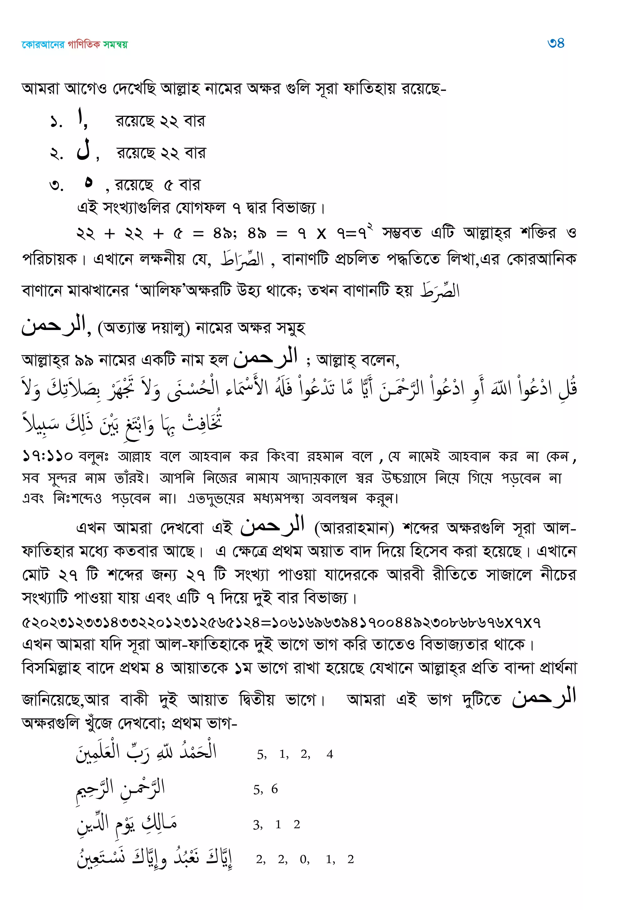 ‡KviAv‡bi MvwYwZK mgš^q 34
Avgiv Av‡MI †`‡LwQ Avjøvn bv‡gi Aÿi ¸wj m~iv dvwZnvq i‡q‡Q-
1. ‫ا‬, i‡q‡Q 22 evi
2. ‫ل‬ , i‡q‡Q 22 evi
3. ‫ه‬ , i‡q‡Q 5 evi
GB msL¨v¸wji †hvMdj 7 Øvi wefvR¨|
22 + 22 + 5 = 49; 49 = 7 x 7=72
m¤¢eZ GwU Avjøvn&i kw³i I
cwiPvqK| GLv‡b jÿbxq †h, َ‫اط‬َ ِ‫الل‬ , evbvYwU cÖPwjZ c×wZ‡Z wjLv,Gi †KviAvwbK
evYv‡b gvSLv‡bi ÔAvwjdÕAÿiwU Dn¨ _v‡K; ZLb evYvbwU nq َ‫ط‬َ ِ‫الل‬
‫الرحمه‬, (AZ¨všÍ `qvjy) bv‡gi Aÿi mgyn
Avjøvn&i 99 bv‡gi GKwU bvg nj ‫الرحمه‬ ; Avjøvn& e‡jb,
َ َ‫و‬ َ‫م‬ِ‫ث‬َ‫َل‬ َ‫ِص‬‫ب‬ ْ‫َر‬ِْ َ‫َت‬ َ َ‫و‬ َ‫َن‬ ْ‫س‬ُ‫ح‬ْ‫ل‬‫ا‬ ‫اا‬َ ْ‫ْس‬َ‫اْل‬ َُ‫ِل‬َ‫ف‬ ْ‫ا‬‫و‬ُ ْ‫ّد‬َ‫ث‬ ‫ا‬َ‫م‬ ‫ا‬َ‫أ‬ َ‫ن‬ َ ْ َ‫الر‬ ْ‫ا‬‫و‬ُ ْ‫د‬‫ا‬ ِ‫و‬َ‫أ‬ َّ‫اا‬ ْ‫ا‬‫و‬ُ ْ‫د‬‫ا‬ ِ‫ل‬ُ‫ك‬
ً‫َل‬ ِ َ‫س‬ َ ِ‫ا‬َ‫ذ‬ َ َْ‫ب‬ ِ َ‫خ‬ْ‫ب‬‫ا‬َ‫و‬ ‫ا‬َ ِ ْ‫ت‬ِ‫ف‬‫ا‬َ ُ
17:110 ফরুনঃ অল্লা঴ ফতর অ঴ফান কয থকংফা য঴ভান ফতর , শম নাতভআ অ঴ফান কয না শকন ,
঳ফ ঳ুেয নাভ োঁযআ। অ঩থন থনতজয নাভাম অিা৞কাতর স্বয ঈচ্চগ্রাত঳ থনত৞ থগত৞ ঩ড়তফন না
এফং থনঃ঱তে঑ ঩ড়তফন না। এেিুবত৞য ভধযভ঩ন্থা ঄ফরম্বন কযুন।
GLb Avgiv †`L‡ev GB ‫الرحوي‬ (Aviivngvb) k‡ãi Aÿi¸wj m~iv Avj-
dvwZnvi g‡a¨ KZevi Av‡Q| G †ÿ‡Î cÖ_g AqvZ ev` w`‡q wn‡me Kiv n‡q‡Q| GLv‡b
†gvU 27 wU k‡ãi Rb¨ 27 wU msL¨v cvIqv hv‡`i‡K Aviex ixwZ‡Z mvRv‡j bx‡Pi
msL¨vwU cvIqv hvq Ges GwU 7 w`‡q `yB evi wefvR¨|
520231233143322012312565124=10616963941700449230868676x7x7
GLb Avgiv hw` m~iv Avj-dvwZnv‡K `yB fv‡M fvM Kwi Zv‡ZI wefvR¨Zvi _v‡K|
wemwgjøvn ev‡` cÖ_g 4 AvqvZ‡K 1g fv‡M ivLv n‡q‡Q †hLv‡b Avjøvn&i cÖwZ ev›`v cÖv_©bv
Rvwb‡q‡Q,Avi evKx `yB AvqvZ wØZxq fv‡M| Avgiv GB fvM `ywU‡Z ‫الرحوي‬
Aÿi¸wj Lyu‡R †`L‡ev; cÖ_g fvM-
َ ِ‫م‬َ َ‫ع‬ْ‫ل‬‫ا‬ ِ َ‫ر‬ ِ ّ‫ا‬ ُ‫ّد‬ْ‫م‬َ‫ح‬ْ‫ل‬‫ا‬ 5, 1, 2, 4
ِ ِ َ‫الر‬ ِ‫ن‬ ْ َ‫الر‬ 5, 6
ِ‫ن‬ ِ‫اا‬ ِ‫م‬ْ‫و‬َ‫ي‬ ِ ِ‫اا‬ َ‫م‬ 3, 1 2
ُ ِ‫ع‬َ‫خ‬ ْ‫س‬َ‫و‬ َ‫ك‬ َ ِ‫و‬ ُ‫ّد‬ُ‫ب‬ْ‫ع‬َ‫ه‬ َ‫ك‬ َ ِ 2, 2, 0, 1, 2
 
