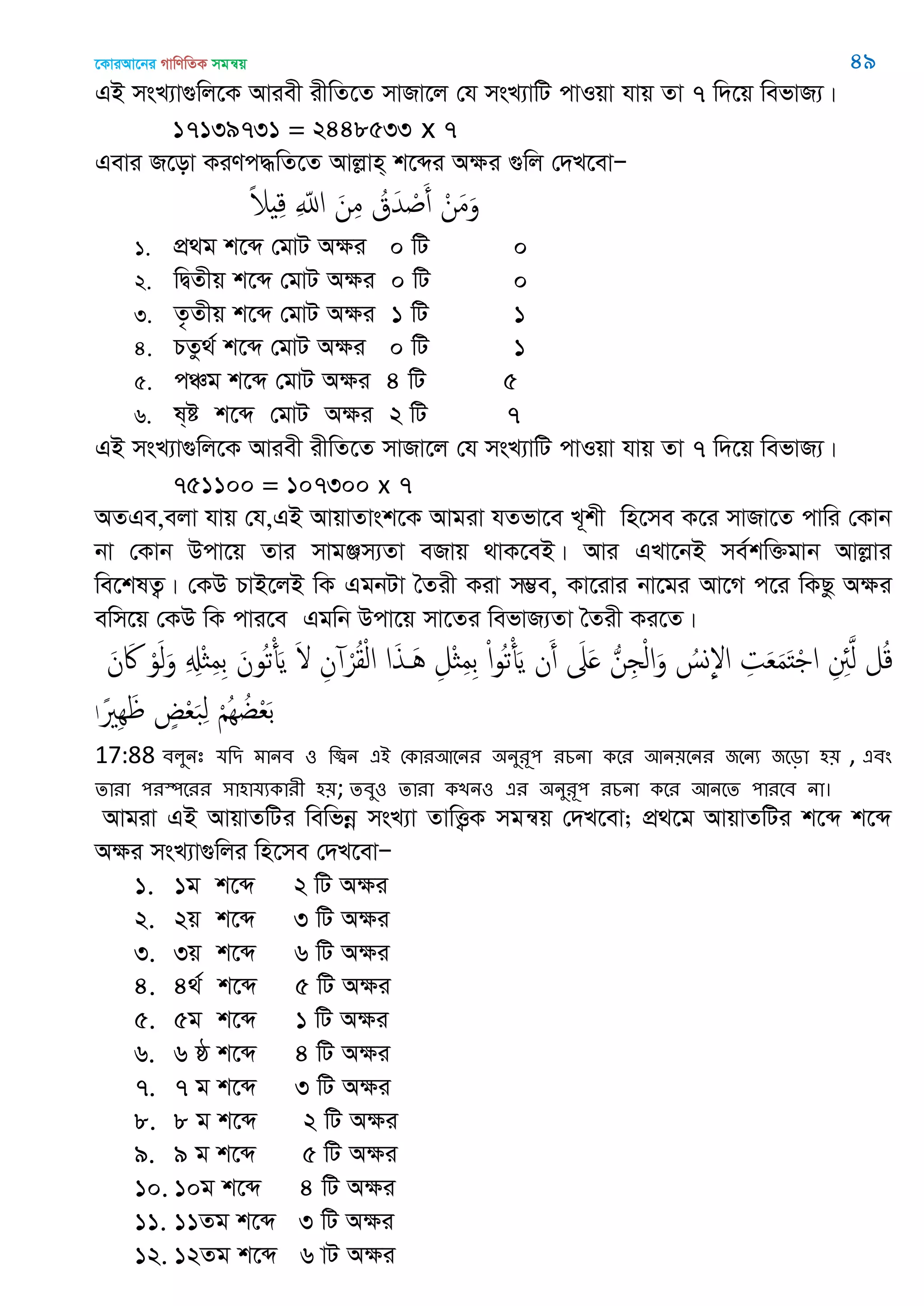 ‡KviAv‡bi MvwYwZK mgš^q 49
GB msL¨v¸wj‡K Aviex ixwZ‡Z mvRv‡j †h msL¨vwU cvIqv hvq Zv 7 w`‡q wefvR¨|
17139731 = 2448533 x 7
Gevi R‡ov KiYc×wZ‡Z Avjøvn& k‡ãi Aÿi ¸wj †`L‡evÑ
ْ‫ن‬َ‫م‬َ‫و‬ُ‫ق‬َ‫ّد‬ ْ َ‫أ‬َ‫ن‬ِ‫م‬ِ ّ‫اا‬ً‫َل‬ ِ‫ك‬
1. cÖ_g k‡ã †gvU Aÿi 0 wU 0
2. wØZxq k‡ã †gvU Aÿi 0 wU 0
3. Z…Zxq k‡ã †gvU Aÿi 1 wU 1
4. PZz_© k‡ã †gvU Aÿi 0 wU 1
5. cÂg k‡ã †gvU Aÿi 4 wU 5
6. l&ó k‡ã †gvU Aÿi 2 wU 7
GB msL¨v¸wj‡K Aviex ixwZ‡Z mvRv‡j †h msL¨vwU cvIqv hvq Zv 7 w`‡q wefvR¨|
751100 = 107300 x 7
AZGe,ejv hvq †h,GB AvqvZvsk‡K Avgiv hZfv‡e L~kx wn‡me K‡i mvRv‡Z cvwi †Kvb
bv †Kvb Dcv‡q Zvi mvgÄm¨Zv eRvq _vK‡eB| Avi GLv‡bB me©kw³gvb Avjøvi
we‡klZ¡| †KD PvB‡jB wK GgbUv •Zix Kiv m¤¢e, Kv‡ivi bv‡gi Av‡M c‡i wKQz Aÿi
ewm‡q †KD wK cvi‡e Ggwb Dcv‡q mv‡Zi wefvR¨Zv •Zix Ki‡Z|
َ‫ن‬ َ‫َك‬ ْ‫و‬َ‫ل‬َ‫و‬ ِ ِ‫ِْل‬ ِ‫م‬ِ‫ب‬ َ‫ُون‬‫ث‬ْ‫أ‬َ‫ي‬ َ ِ‫ن‬ ْ‫ر‬ُ‫ل‬ْ‫ل‬‫ا‬ ‫ا‬َ‫ذ‬ َُ ِ‫ْل‬ ِ‫م‬ِ‫ب‬ ْ‫ا‬‫و‬ُ‫ث‬ْ‫أ‬َ‫ي‬ ‫ن‬َ‫أ‬ َ‫َل‬َ ُ‫ن‬ِ ْ‫ل‬‫ا‬َ‫و‬ ُ‫ِوس‬‫إل‬‫ا‬ ِ‫ت‬َ‫ع‬َ‫م‬َ‫ذ‬ْ ‫ا‬ ِ ِ‫ِئ‬َ‫ل‬ ‫ل‬ُ‫ك‬
ً َِِ ٍ ْ‫ع‬َ‫ب‬ِ‫ل‬ ْ ُِ ُ‫غ‬ْ‫ع‬َ‫ب‬‫ا‬
17:88 ফরুনঃ মথি ভানফ ঑ থিন এআ শকাযঅতনয ঄নুযূ঩ যচনা কতয অন৞তনয জতনয জতড়া ঴৞ , এফং
োযা ঩যস্পতযয ঳া঴ামযকাযী ঴৞; েফু঑ োযা কেন঑ এয ঄নুযূ঩ যচনা কতয অনতে ঩াযতফ না।
Avgiv GB AvqvZwUi wewfbœ msL¨v ZvwË¡K mgš^q †`L‡ev; cÖ_‡g AvqvZwUi k‡ã k‡ã
Aÿi msL¨v¸wji wn‡me †`L‡evÑ
1. 1g k‡ã 2 wU Aÿi
2. 2q k‡ã 3 wU Aÿi
3. 3q k‡ã 6 wU Aÿi
4. 4_© k‡ã 5 wU Aÿi
5. 5g k‡ã 1 wU Aÿi
6. 6 ô k‡ã 4 wU Aÿi
7. 7 g k‡ã 3 wU Aÿi
8. 8 g k‡ã 2 wU Aÿi
9. 9 g k‡ã 5 wU Aÿi
10. 10g k‡ã 4 wU Aÿi
11. 11Zg k‡ã 3 wU Aÿi
12. 12Zg k‡ã 6 vU Aÿi
 