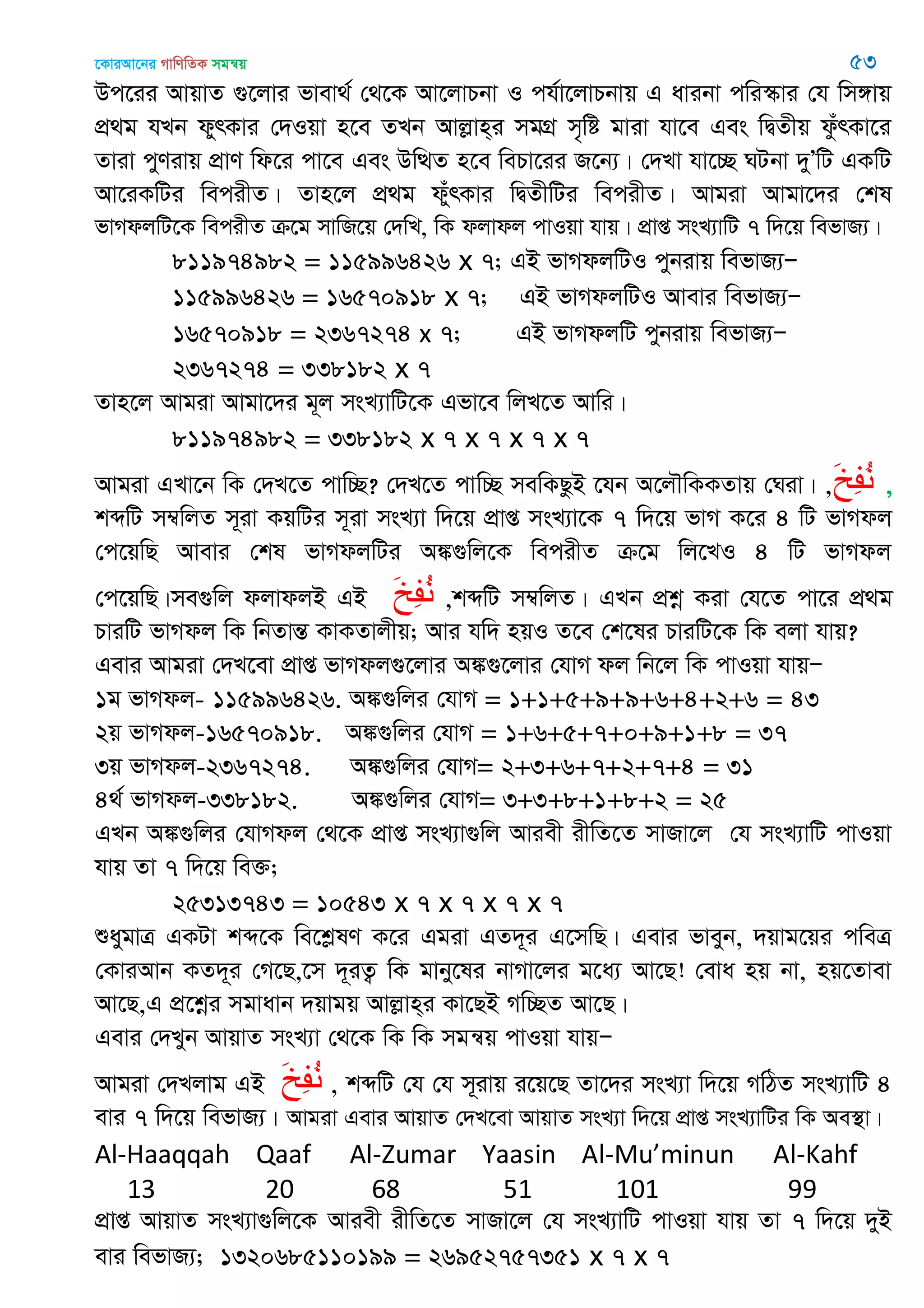 ‡KviAv‡bi MvwYwZK mgš^q 53
Dc‡ii AvqvZ ¸‡jvi fvev_© †_‡K Av‡jvPbv I ch©v‡jvPbvq G avibv cwi¯‥vi †h wm½vq
cÖ_g hLb dyrKvi †`Iqv n‡e ZLb Avjøvn&i mgMÖ m„wó gviv hv‡e Ges wØZxq duzrKv‡i
Zviv cyYivq cÖvY wd‡i cv‡e Ges DwÌZ n‡e wePv‡ii R‡b¨| †`Lv hv‡”Q NUbv `yÕwU GKwU
Av‡iKwUi wecixZ| Zvn‡j cÖ_g dyurKvi wØZxwUi wecixZ| Avgiv Avgv‡`i †kl
fvMdjwU‡K wecixZ µ‡g mvwR‡q †`wL, wK djvdj cvIqv hvq| cÖvß msL¨vwU 7 w`‡q wefvR¨|
811974982 = 115996426 x 7; GB fvMdjwUI cybivq wefvR¨Ñ
115996426 = 16570918 x 7; GB fvMdjwUI Avevi wefvR¨Ñ
16570918 = 2367274 x 7; GB fvMdjwU cybivq wefvR¨Ñ
2367274 = 338182 x 7
Zvn‡j Avgiv Avgv‡`i g~j msL¨vwU‡K Gfv‡e wjL‡Z Avwi|
811974982 = 338182 x 7 x 7 x 7 x 7
Avgiv GLv‡b wK †`L‡Z cvw”Q? †`L‡Z cvw”Q mewKQzB ‡hb A‡j․wKKZvq †Niv| ,َ‫خ‬ِ‫ف‬ُ‫و‬ ,
kãwU m¤^wjZ m~iv KqwUi m~iv msL¨v w`‡q cÖvß msL¨v‡K 7 w`‡q fvM K‡i 4 wU fvMdj
†c‡qwQ Avevi †kl fvMdjwUi A¼¸wj‡K wecixZ µ‡g wj‡LI 4 wU fvMdj
†c‡qwQ|me¸wj djvdjB GB َ‫خ‬ِ‫ف‬ُ‫و‬ ,kãwU m¤^wjZ| GLb cÖkœ Kiv †h‡Z cv‡i cÖ_g
PviwU fvMdj wK wbZvšÍ KvKZvjxq; Avi hw` nqI Z‡e †k‡li PviwU‡K wK ejv hvq?
Gevi Avgiv †`L‡ev cÖvß fvMdj¸‡jvi A¼¸‡jvi †hvM dj wb‡j wK cvIqv hvqÑ
1g fvMdj- 115996426. A¼¸wji †hvM = 1+1+5+9+9+6+4+2+6 = 43
2q fvMdj-16570918. A¼¸wji †hvM = 1+6+5+7+0+9+1+8 = 37
3q fvMdj-2367274. A¼¸wji †hvM= 2+3+6+7+2+7+4 = 31
4_© fvMdj-338182. A¼¸wji †hvM= 3+3+8+1+8+2 = 25
GLb A¼¸wji †hvMdj †_‡K cÖvß msL¨v¸wj Aviex ixwZ‡Z mvRv‡j †h msL¨vwU cvIqv
hvq Zv 7 w`‡q we³;
25313743 = 10543 x 7 x 7 x 7 x 7
ïaygvÎ GKUv kã‡K we‡kølY K‡i Ggiv GZ`~i G‡mwQ| Gevi fveyb, `qvg‡qi cweÎ
†KviAvb KZ`~i †M‡Q,‡m `~iZ¡ wK gvby‡li bvMv‡ji g‡a¨ Av‡Q! †eva nq bv, nq‡Zvev
Av‡Q,G cÖ‡kœi mgvavb `qvgq Avjøvn&i Kv‡QB Mw”QZ Av‡Q|
Gevi †`Lyb AvqvZ msL¨v †_‡K wK wK mgš^q cvIqv hvqÑ
Avgiv †`Ljvg GB َ‫خ‬ِ‫ف‬ُ‫و‬ , kãwU †h †h m~ivq i‡q‡Q Zv‡`i msL¨v w`‡q MwVZ msL¨vwU 4
evi 7 w`‡q wefvR¨| Avgiv Gevi AvqvZ †`L‡ev AvqvZ msL¨v w`‡q cÖvß msL¨vwUi wK Ae¯’v|
Al-Haaqqah Qaaf Al-Zumar Yaasin Al-Mu’minun Al-Kahf
13 20 68 51 101 99
cÖvß AvqvZ msL¨v¸wj‡K Aviex ixwZ‡Z mvRv‡j †h msL¨vwU cvIqv hvq Zv 7 w`‡q `yB
evi wefvR¨; 1320685110199 = 26952757351 x 7 x 7
 