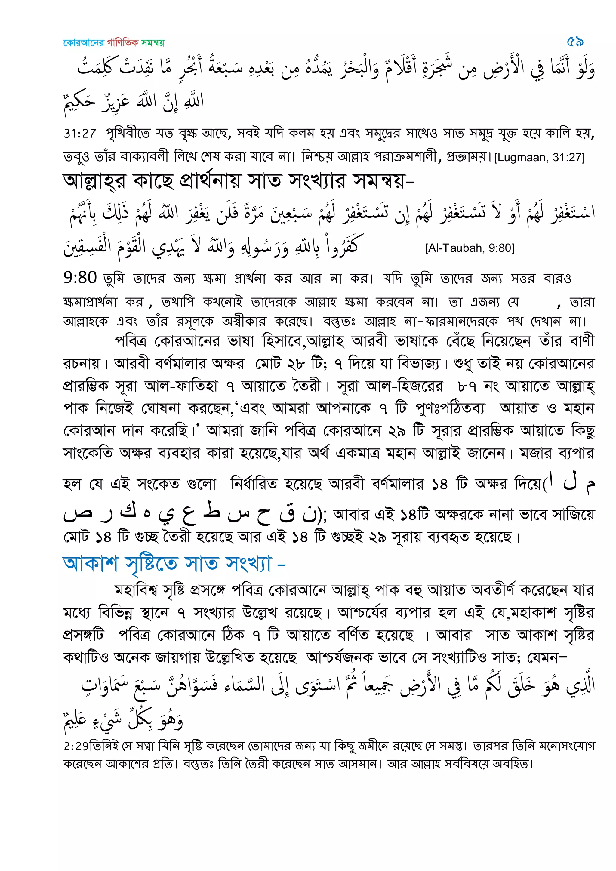 ‡KviAv‡bi MvwYwZK mgš^q 59
ُ‫ت‬َ‫م‬َِ‫َك‬ ْ‫ت‬َ‫ّد‬ِ‫ف‬َ‫ه‬ ‫ا‬َ‫م‬ ٍ‫ر‬ُ ْ‫ْب‬َ‫أ‬ ُ‫ة‬َ‫ع‬ْ‫ب‬ َ‫س‬ ٍِِ‫ّد‬ْ‫ع‬َ‫ب‬ ‫ن‬ِ‫م‬ ٍُُ‫ّد‬ُ‫م‬َ‫ي‬ ُ‫ر‬ْ‫ح‬َ‫ب‬ْ‫ل‬‫ا‬َ‫و‬ ٌ‫م‬ َ‫َل‬ْ‫ك‬َ‫أ‬ ٍ‫ة‬َ‫ر‬َ َ‫َش‬ ‫ن‬ِ‫م‬ ِ‫ض‬ْ‫ر‬َ ْ‫اْل‬ ِ‫ِف‬ ‫ا‬َ‫م‬َ‫ه‬َ‫أ‬ ْ‫و‬َ‫ل‬َ‫و‬
ٌ ِ َ ٌ‫ي‬ِ‫ي‬َ ََ‫اا‬ َ‫ِن‬ ِ َ‫اا‬
31:27 ঩ৃথিফীতে মে ফৃক্ষ অতে, ঳ফআ মথি করভ ঴৞ এফং ঳ভুতেয ঳াতি঑ ঳াে ঳ভুে মুক্ত ঴ত৞ কাথর ঴৞,
েফু঑ োঁয ফাকযাফরী থরতে শ঱ল কযা মাতফ না। থনশ্চ৞ অল্লা঴ ঩যাক্রভ঱ারী, প্রজ্ঞাভ৞।[Lugmaan, 31:27]
Avjøvn&i Kv‡Q cÖv_©bvq mvZ msL¨vi mgš^qÑ
ْ َُ َ‫ِأ‬‫ب‬ َ ِ‫ا‬َ‫ذ‬ ْ َُِ‫ل‬ ُّ‫اا‬ َ‫ر‬ِ‫ف‬ْ َ‫ي‬ ‫ن‬َ َ‫ف‬ ً‫ة‬َ‫ر‬َ‫م‬ َ ِ‫ع‬ْ‫ب‬ َ‫س‬ ْ َُِ‫ل‬ ْ‫ر‬ِ‫ف‬ْ َ‫خ‬ ْ‫س‬َ‫ج‬ ‫ِن‬ ْ َُِ‫ل‬ ْ‫ر‬ِ‫ف‬ْ َ‫خ‬ ْ‫س‬َ‫ج‬ َ ْ‫و‬َ‫أ‬ ْ َُِ‫ل‬ ْ‫ر‬ِ‫ف‬ْ َ‫خ‬ ْ‫اس‬
َ ِ‫ل‬ ِ‫س‬َ‫ف‬ْ‫ل‬‫ا‬ َ‫م‬ْ‫و‬َ‫ل‬ْ‫ل‬‫ا‬ ‫ي‬ِ‫ّد‬َْ َ ُّ‫اا‬َ‫و‬ ِ ِ‫و‬ ُ‫س‬َ‫ر‬َ‫و‬ ِ ّ‫ا‬ ِ ْ‫ا‬‫و‬ُ‫ر‬َ‫ف‬َ‫ن‬ [Al-Taubah, 9:80]
9:80 েুথভ োতিয জনয ক্ষভা প্রািতনা কয অয না কয। মথি েুথভ োতিয জনয ঳ত্তয ফায঑
ক্ষভাপ্রািতনা কয , েিাথ঩ কেতনাআ োতিযতক অল্লা঴ ক্ষভা কযতফন না। ো এজনয শম , োযা
অল্লা঴তক এফং োঁয য঳ূরতক ঄স্বীকায কতযতে। ফস্তুেঃ অল্লা঴ না-পাযভানতিযতক ঩ি শিোন না।
cweÎ †KviAv‡bi fvlv wnmv‡e,Avjøvn Aviex fvlv‡K †eu‡Q wb‡q‡Qb Zuvi evYx
iPbvq| Aviex eY©gvjvi Aÿi †gvU 28 wU; 7 w`‡q hv wefvR¨| ïay ZvB bq †KviAv‡bi
cÖviw¤¢K m~iv Avj-dvwZnv 7 Avqv‡Z •Zix| m~iv Avj-wnR‡ii 87 bs Avqv‡Z Avjøvn&
cvK wb‡RB †Nvlbv Ki‡Qb,ÔGes Avgiv Avcbv‡K 7 wU cyYtcwVZe¨ AvqvZ I gnvb
†KviAvb `vb K‡iwQ|Õ Avgiv Rvwb cweÎ †KviAv‡b 29 wU m~ivi cÖviw¤¢K Avqv‡Z wKQz
mvs‡KwZ Aÿi e¨envi Kviv n‡q‡Q,hvi A_© GKgvÎ gnvb AvjøvB Rv‡bb| gRvi e¨cvi
nj †h GB ms‡KZ ¸‡jv wba©vwiZ n‡q‡Q Aviex eY©gvjvi 14 wU Aÿi w`‡q(‫ا‬ ‫ل‬ ‫م‬
‫ص‬ ‫ر‬ ‫ن‬ ‫ه‬ ‫ي‬ ‫ع‬ ‫ط‬ ‫س‬ ‫ح‬ ‫ق‬ ‫ى‬); Avevi GB 14wU Aÿi‡K bvbv fv‡e mvwR‡q
†gvU 14 wU ¸”Q •Zix n‡q‡Q Avi GB 14 wU ¸”QB 29 m~ivq e¨eüZ n‡q‡Q|
AvKvk m„wó‡Z mvZ msL¨v Ñ
gnvwek¦ m„wó cÖm‡½ cweÎ †KviAv‡b Avjøvn& cvK eû AvqvZ AeZxY© K‡i‡Qb hvi
g‡a¨ wewfbœ ¯’v‡b 7 msL¨vi D‡jøL i‡q‡Q| Avð‡h©i e¨cvi nj GB †h,gnvKvk m„wói
cÖm½wU cweÎ †KviAv‡b wVK 7 wU Avqv‡Z ewY©Z n‡q‡Q | Avevi mvZ AvKvk m„wói
K_vwUI A‡bK RvqMvq D‡jøwLZ n‡q‡Q Avðh©RbK fv‡e †m msL¨vwUI mvZ; †hgbÑ
ٍ‫ات‬َ‫او‬َ َ‫ْس‬ َ‫ع‬ْ‫ب‬ َ‫س‬ َ‫ُن‬ُ‫ا‬َ‫و‬ َ‫س‬َ‫ف‬ ‫اا‬َ‫م‬ َ‫الس‬ َ ِ ‫ى‬َ‫و‬َ‫خ‬ ْ‫اس‬ َ ُ‫مُث‬ ً‫ا‬‫ع‬ َِ‫َج‬ ِ‫ض‬ْ‫ر‬َ‫اْل‬ ِ‫ِف‬ ‫ا‬َ‫م‬ ُ‫ُك‬َ‫ل‬ َ‫ق‬َ َ َ‫ُو‬ُ ‫ي‬ِ َ‫اا‬
ٌ َِ ٍ‫ا‬ ْ َ‫َش‬ ِ ُ‫لُك‬ِ َ‫ُو‬َُ‫و‬
2:29থেথনআ শ঳ ঳ত্ত্বা থমথন ঳ৃথি কতযতেন শোভাতিয জনয মা থকেু জভীতন যত৞তে শ঳ ঳ভস্ত। োয঩য থেথন ভতনা঳ংতমাগ
কতযতেন অকাত঱য প্রথে। ফস্তুেঃ থেথন বেযী কতযতেন ঳াে অ঳ভান। অয অল্লা঴ ঳ফতথফলত৞ ঄ফথ঴ে।
 