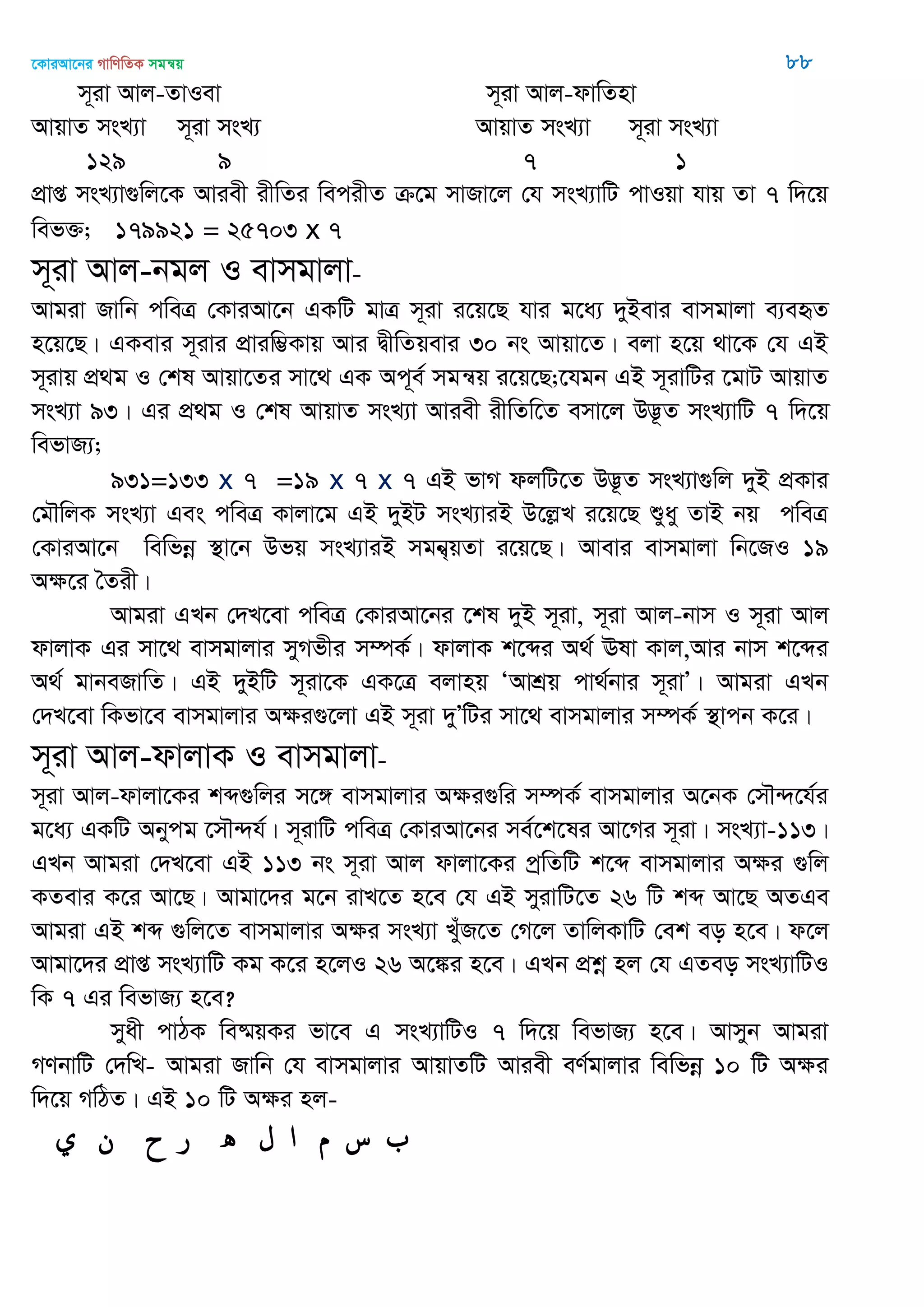 ‡KviAv‡bi MvwYwZK mgš^q 88
m~iv Avj-ZvIev m~iv Avj-dvwZnv
AvqvZ msL¨v m~iv msL¨ AvqvZ msL¨v m~iv msL¨v
129 9 7 1
cÖvß msL¨v¸wj‡K Aviex ixwZi wecixZ µ‡g mvRv‡j †h msL¨vwU cvIqv hvq Zv 7 w`‡q
wef³; 179921 = 25703 x 7
m~iv Avj-bgj I evmgvjv-
Avgiv Rvwb cweÎ †KviAv‡b GKwU gvÎ m~iv i‡q‡Q hvi g‡a¨ `yBevi evmgvjv e¨eüZ
n‡q‡Q| GKevi m~ivi cÖviw¤¢Kvq Avi ØxwZqevi 30 bs Avqv‡Z| ejv n‡q _v‡K †h GB
m~ivq cÖ_g I †kl Avqv‡Zi mv‡_ GK Ac~e© mgš^q i‡q‡Q;‡hgb GB m~ivwUi ‡gvU AvqvZ
msL¨v 93| Gi cÖ_g I †kl AvqvZ msL¨v Aviex ixwZw‡Z emv‡j D™¢‚Z msL¨vwU 7 w`‡q
wefvR¨;
931=133 x 7 =19 x 7 x 7 GB fvM djwU‡Z D™¢‚Z msL¨v¸wj `yB cÖKvi
†g․wjK msL¨v Ges cweÎ Kvjv‡g GB `yBU msL¨viB D‡jøL i‡q‡Q ïyay ZvB bq cweÎ
†KviAv‡b wewfbœ ¯’v‡b Dfq msL¨viB mgb&¦qZv i‡q‡Q| Avevi evmgvjv wb‡RI 19
Aÿ‡i •Zix|
Avgiv GLb †`L‡ev cweÎ †KviAv‡bi ‡kl `yB m~iv, m~iv Avj-bvm I m~iv Avj
dvjvK Gi mv‡_ evmgvjvi myMfxi m¤úK©| dvjvK k‡ãi A_© Elv Kvj,Avi bvm k‡ãi
A_© gvbeRvwZ| GB `yBwU m~iv‡K GK‡Î ejvnq ÔAvkÖq cv_©bvi m~ivÕ| Avgiv GLb
†`L‡ev wKfv‡e evmgvjvi Aÿi¸‡jv GB m~iv `yÕwUi mv‡_ evmgvjvi m¤úK© ¯’vcb K‡i|
m~iv Avj-dvjvK I evmgvjv-
m~iv Avj-dvjv‡Ki kã¸wji m‡½ evmgvjvi Aÿi¸wi m¤úK© evmgvjvi A‡bK †m․›`‡h©i
g‡a¨ GKwU Abycg ‡m․›`h©| m~ivwU cweÎ †KviAv‡bi me©‡k‡li Av‡Mi m~iv| msL¨v-113|
GLb Avgiv †`L‡ev GB 113 bs m~iv Avj dvjv‡Ki cªwZwU k‡ã evmgvjvi Aÿi ¸wj
KZevi K‡i Av‡Q| Avgv‡`i g‡b ivL‡Z n‡e †h GB myivwU‡Z 26 wU kã Av‡Q AZGe
Avgiv GB kã ¸wj‡Z evmgvjvi Aÿi msL¨v LuyR‡Z †M‡j ZvwjKvwU †ek eo n‡e| d‡j
Avgv‡`i cÖvß msL¨vwU Kg K‡i n‡jI 26 A‡¼i n‡e| GLb cÖkœ nj †h GZeo msL¨vwUI
wK 7 Gi wefvR¨ n‡e?
myax cvVK we®§qKi fv‡e G msL¨vwUI 7 w`‡q wefvR¨ n‡e| Avmyb Avgiv
MYbvwU †`wL- Avgiv Rvwb †h evmgvjvi AvqvZwU Aviex eY©gvjvi wewfbœ 10 wU Aÿi
w`‡q MwVZ| GB 10 wU Aÿi nj-
‫س‬‫م‬‫ا‬‫ل‬‫ه‬‫ر‬‫ح‬‫ن‬‫ي‬
 