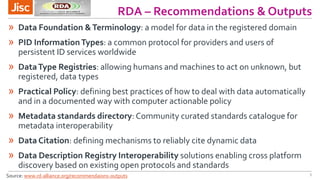 RDA – Recommendations & Outputs
5
» Data Foundation &Terminology: a model for data in the registered domain
» PID InformationTypes: a common protocol for providers and users of
persistent ID services worldwide
» DataType Registries: allowing humans and machines to act on unknown, but
registered, data types
» Practical Policy: defining best practices of how to deal with data automatically
and in a documented way with computer actionable policy
» Metadata standards directory: Community curated standards catalogue for
metadata interoperability
» Data Citation: defining mechanisms to reliably cite dynamic data
» Data Description Registry Interoperability solutions enabling cross platform
discovery based on existing open protocols and standards
Source: www.rd-alliance.org/recommendaions-outputs
 