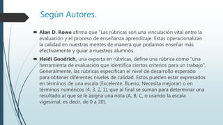 Según Autores.
 Alan D. Rowe afirma que "Las rúbricas son una vinculación vital entre la
evaluación y el proceso de enseñanza aprendizaje. Estas operacionalizan
la calidad en nuestras mentes de manera que podamos enseñar más
efectivamente y guiar a nuestros alumnos.
 Heidi Goodrich, una experta en rúbricas, define una rúbrica como "una
herramienta de evaluación que identifica ciertos criterios para un trabajo".
Generalmente, las rúbricas especifican el nivel de desarrollo esperado
para obtener diferentes niveles de calidad. Estos pueden estar expresados
en términos de una escala (Excelente, Bueno, Necesita mejorar) o en
términos numéricos (4, 3, 2, 1), que al final se suman para determinar una
resultado al que se le asigna una nota (A, B, C, o usando la escala
vigesimal, es decir, de 0 a 20).
 