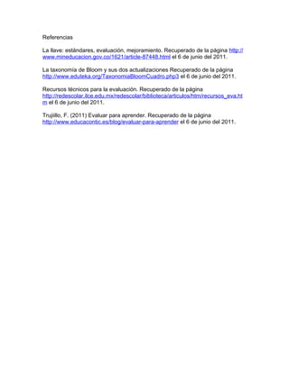 Referencias

La llave: estándares, evaluación, mejoramiento. Recuperado de la página http://
www.mineducacion.gov.co/1621/article-87448.html el 6 de junio del 2011.

La taxonomía de Bloom y sus dos actualizaciones Recuperado de la página
http://www.eduteka.org/TaxonomiaBloomCuadro.php3 el 6 de junio del 2011.

Recursos técnicos para la evaluación. Recuperado de la página
http://redescolar.ilce.edu.mx/redescolar/biblioteca/articulos/htm/recursos_eva.ht
m el 6 de junio del 2011.

Trujiillo, F. (2011) Evaluar para aprender. Recuperado de la página
http://www.educacontic.es/blog/evaluar-para-aprender el 6 de junio del 2011.
 
